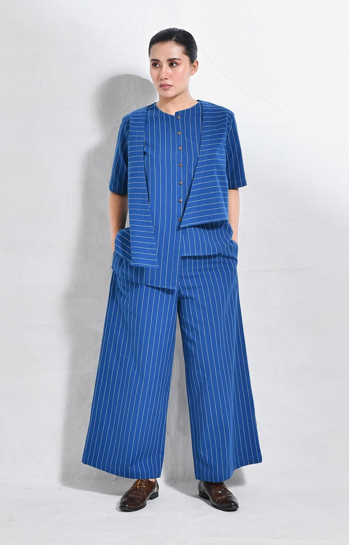 Striped blue cotton asymmetrical kurta with wide-leg pants set of 2