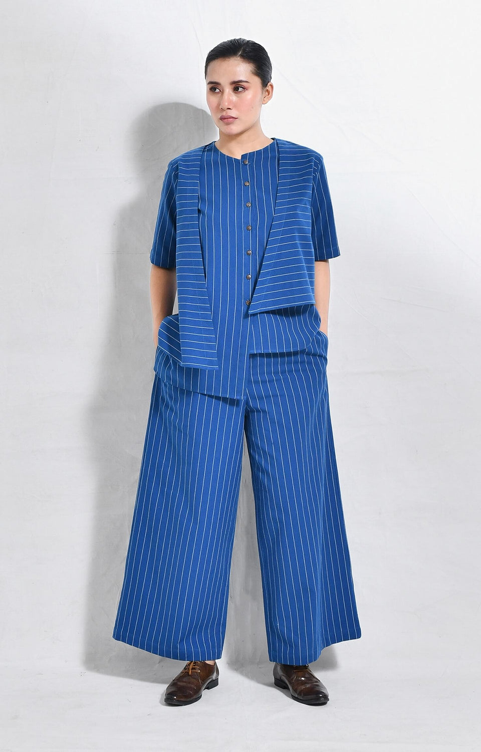 Striped blue cotton asymmetrical kurta with wide-leg pants set of 2