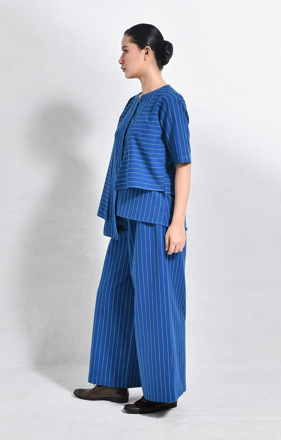 Striped blue cotton asymmetrical kurta with wide-leg pants set of 2