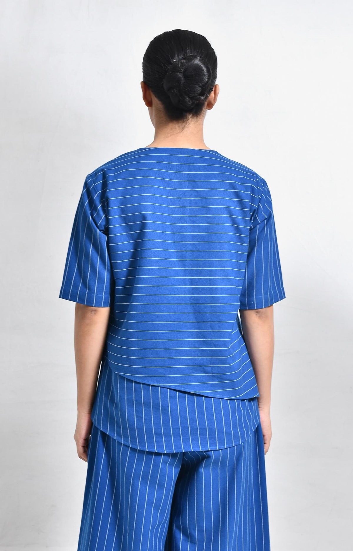 Striped blue cotton asymmetrical kurta with wide-leg pants set of 2