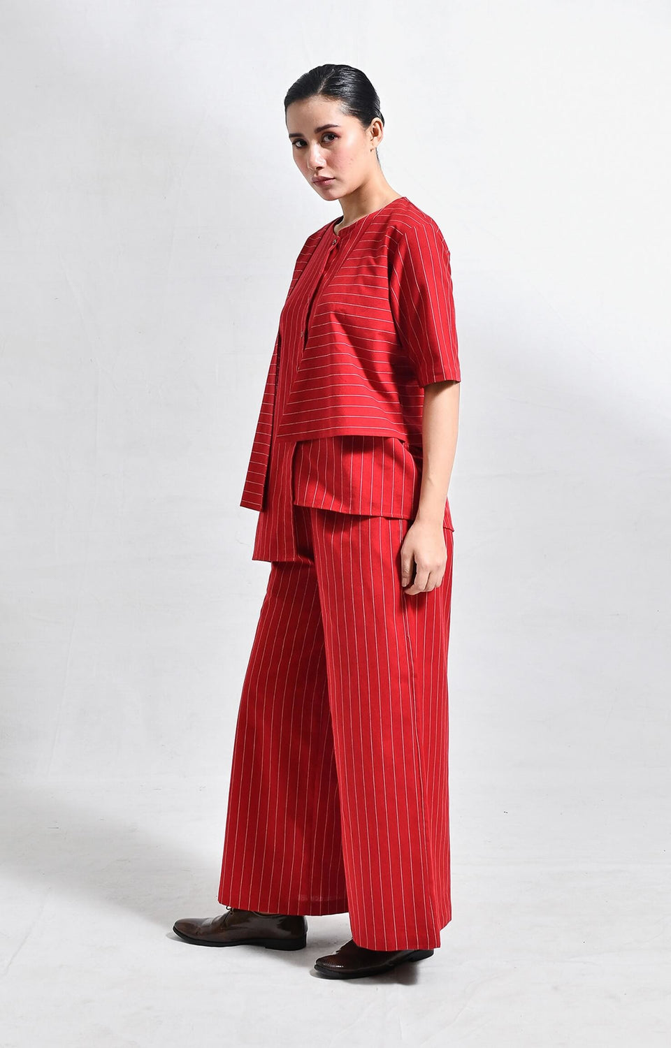 Red pinstriped handloom cotton asymmetrical co-ord set with wide-leg pants