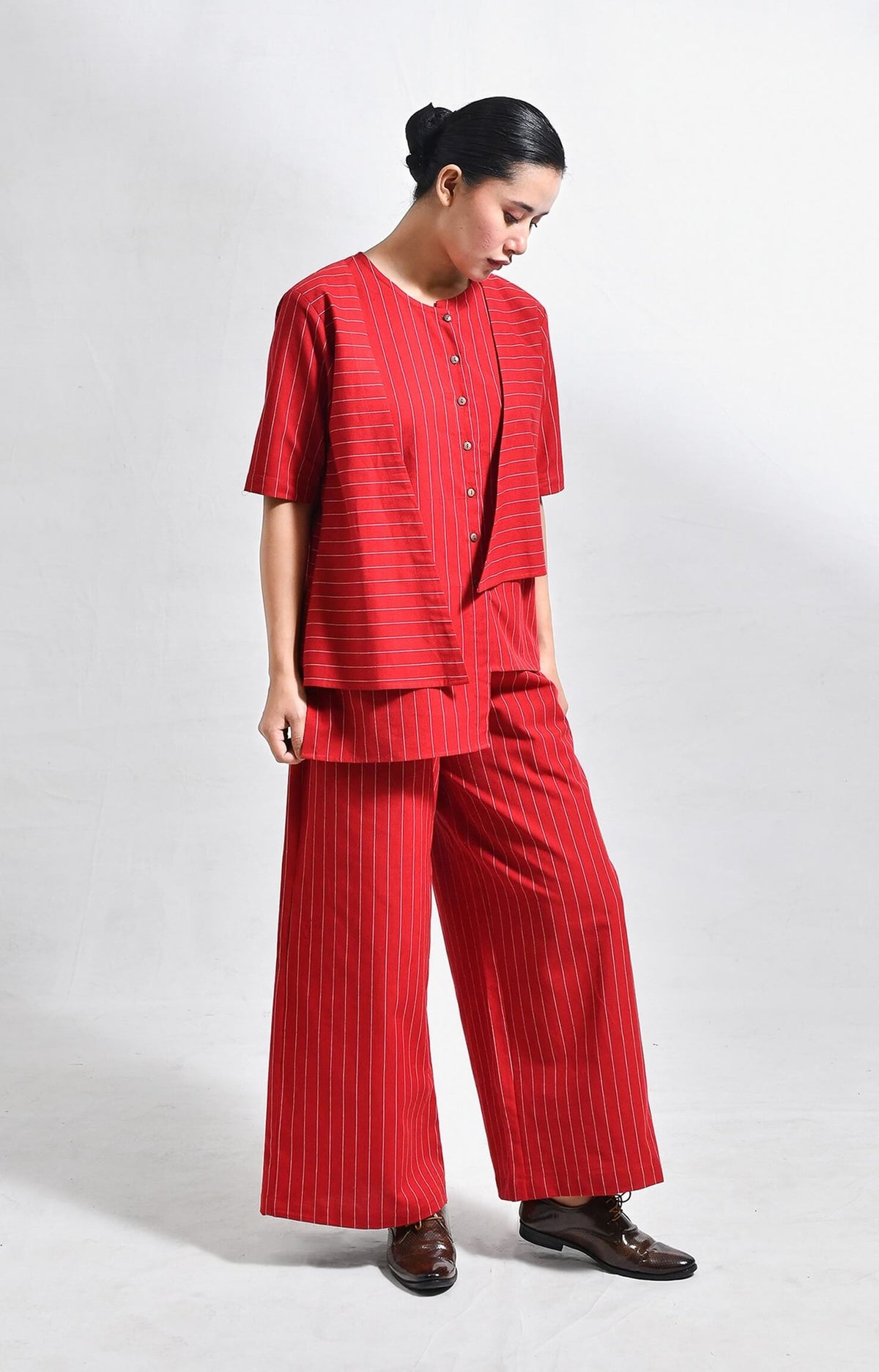 Red pinstriped handloom cotton asymmetrical co-ord set with wide-leg pants