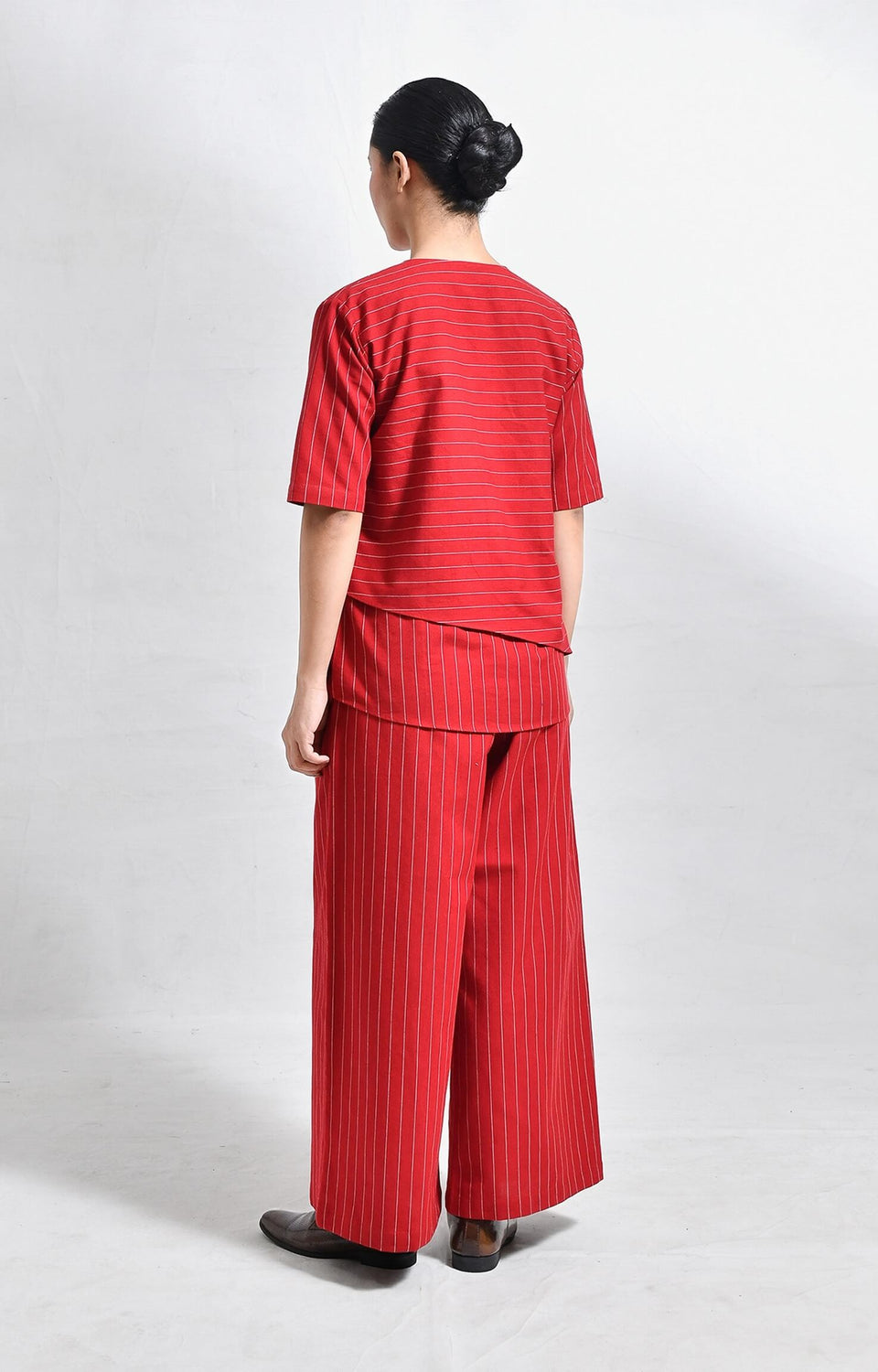 Red pinstriped handloom cotton asymmetrical co-ord set with wide-leg pants