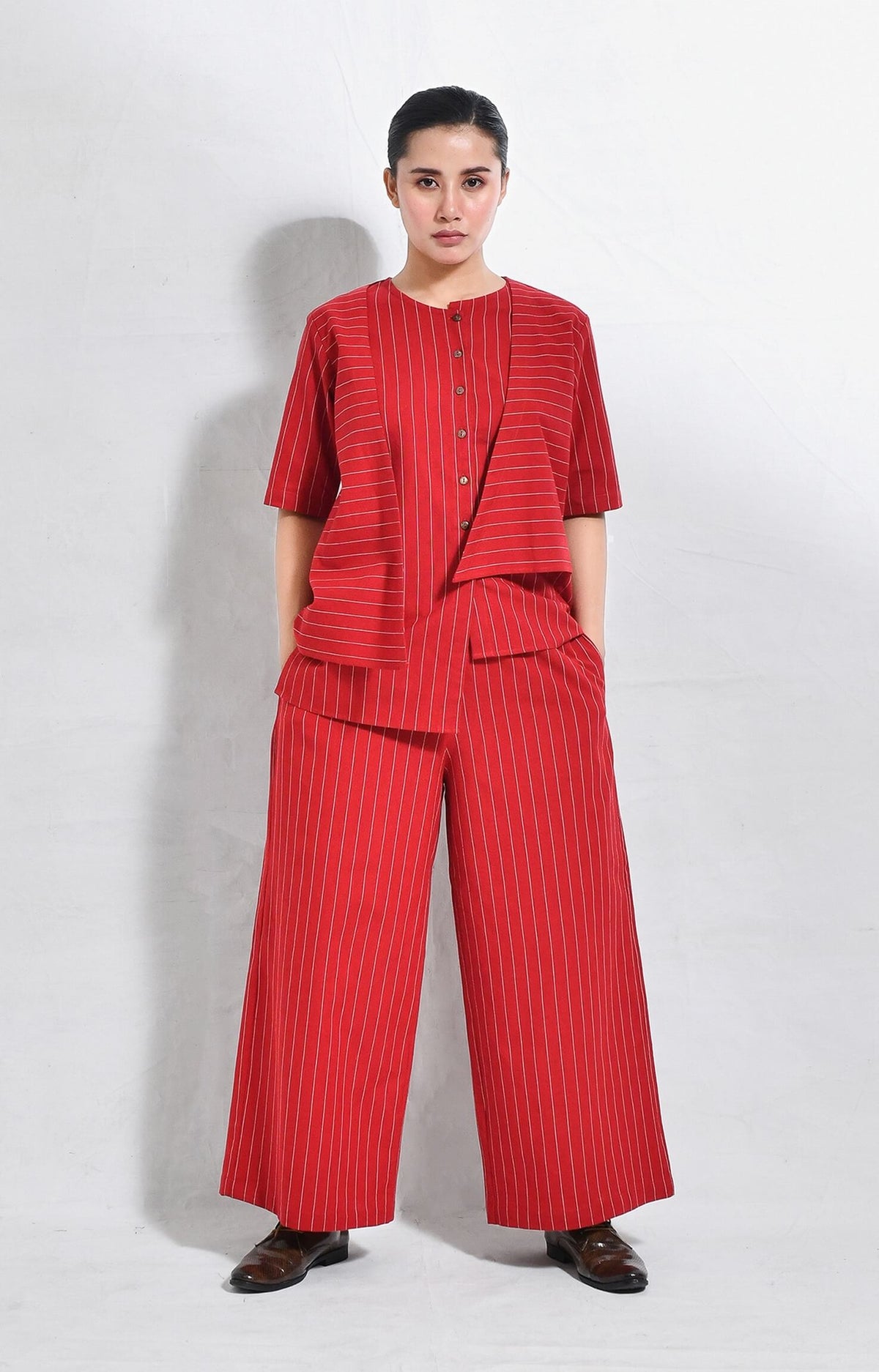 Red pinstriped handloom cotton asymmetrical co-ord set with wide-leg pants