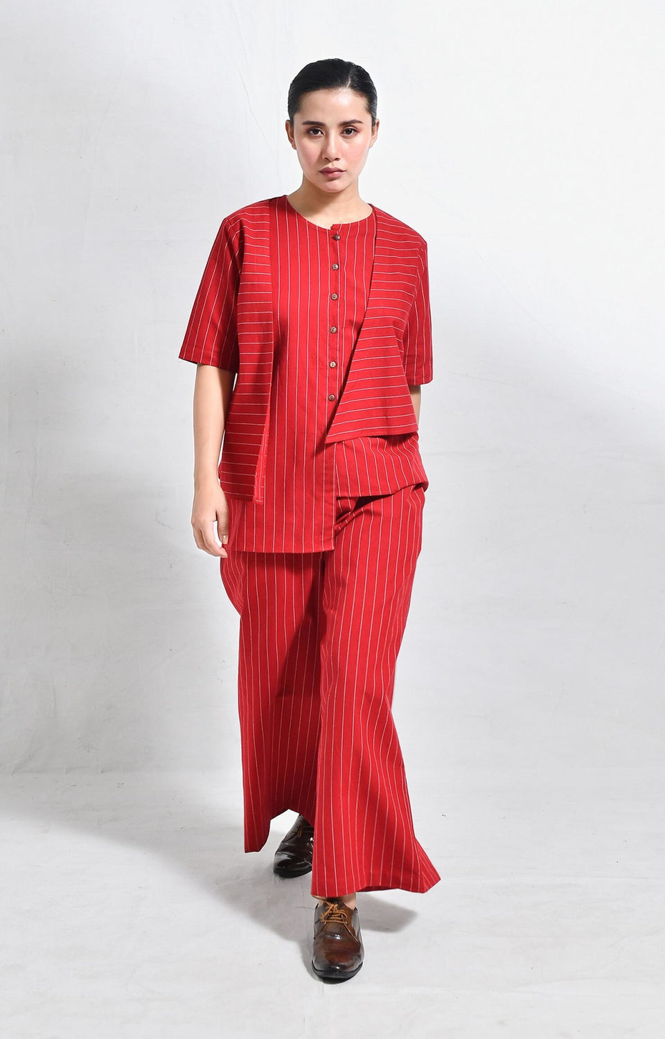 Red pinstriped handloom cotton asymmetrical co-ord set with wide-leg pants