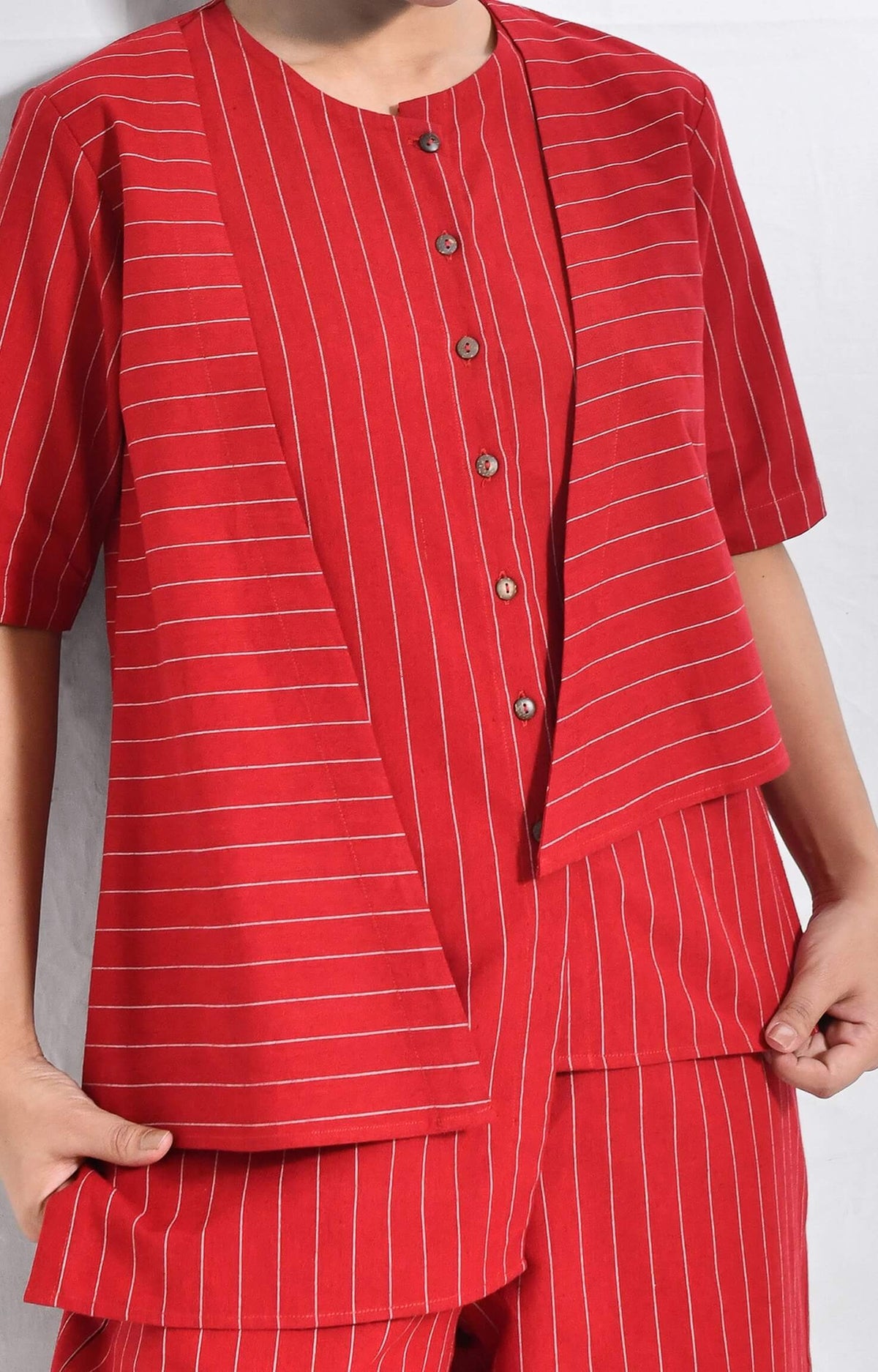 Red pinstriped handloom cotton asymmetrical co-ord set with wide-leg pants