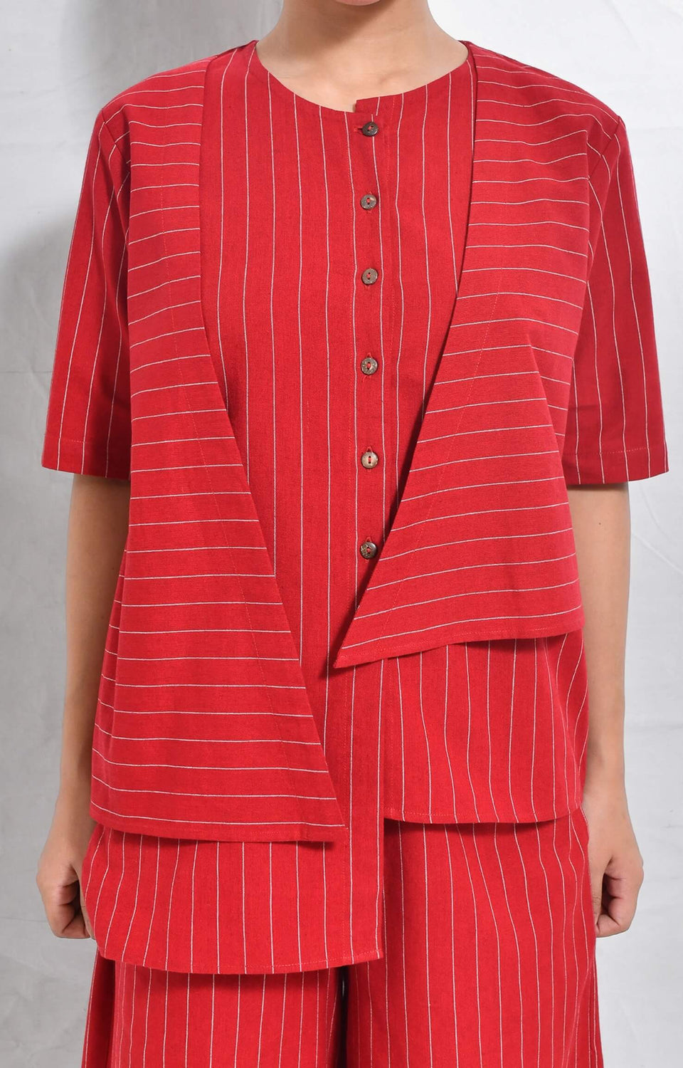 Red pinstriped handloom cotton asymmetrical co-ord set with wide-leg pants