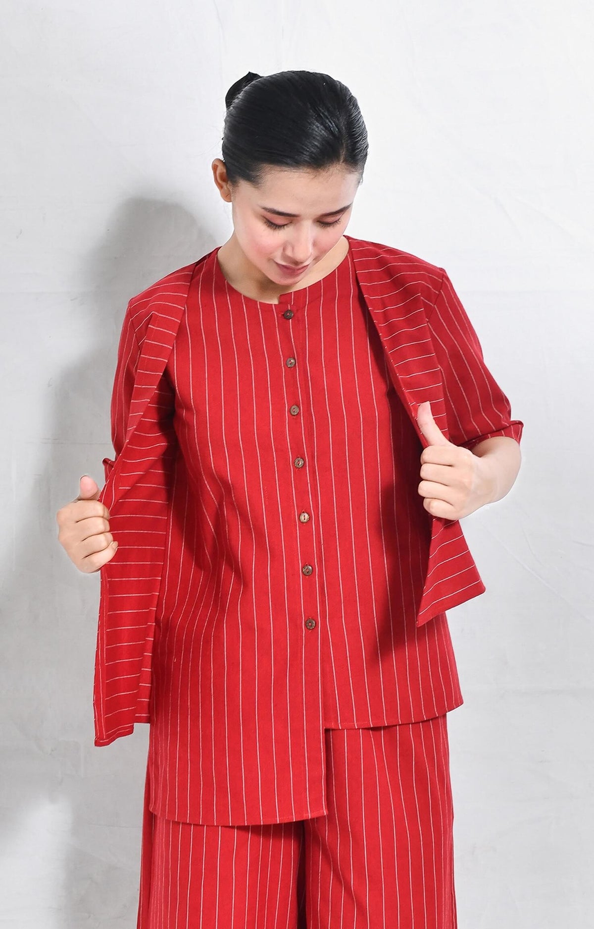 Red pinstriped handloom cotton asymmetrical co-ord set with wide-leg pants