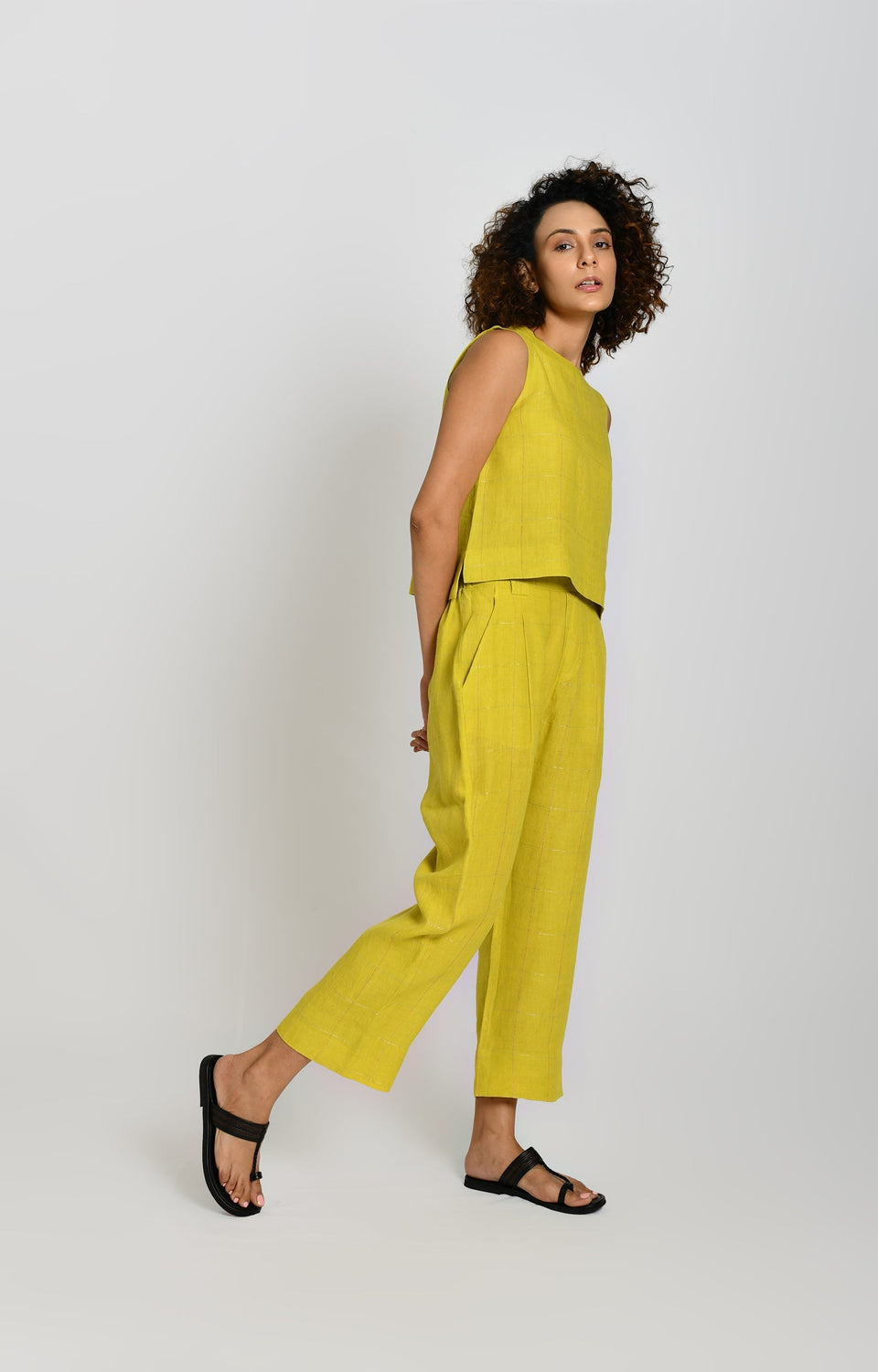 Linen Zari Checks Pants- Olive