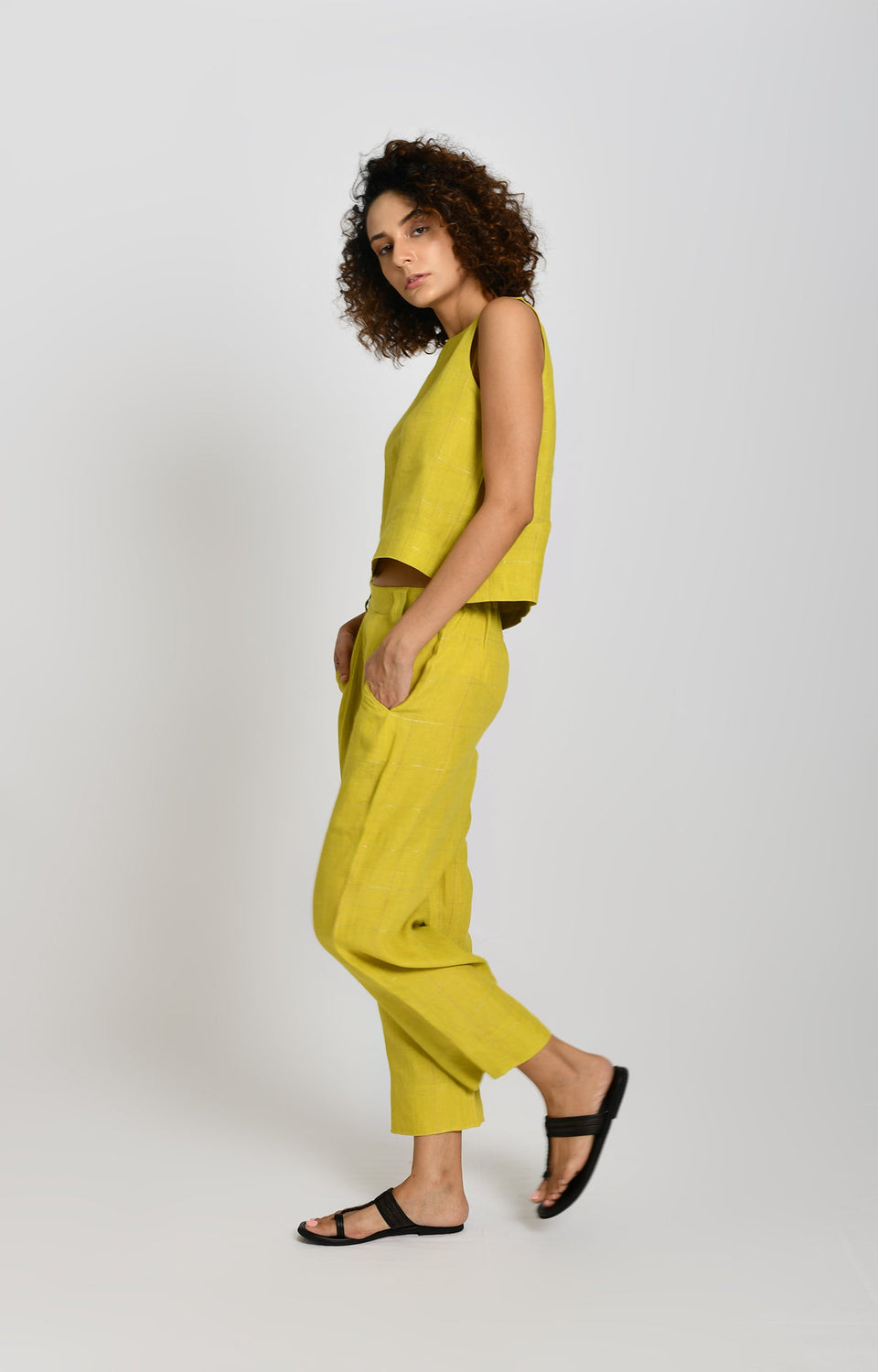 Olive linen zari check crop top - handwoven women's wear