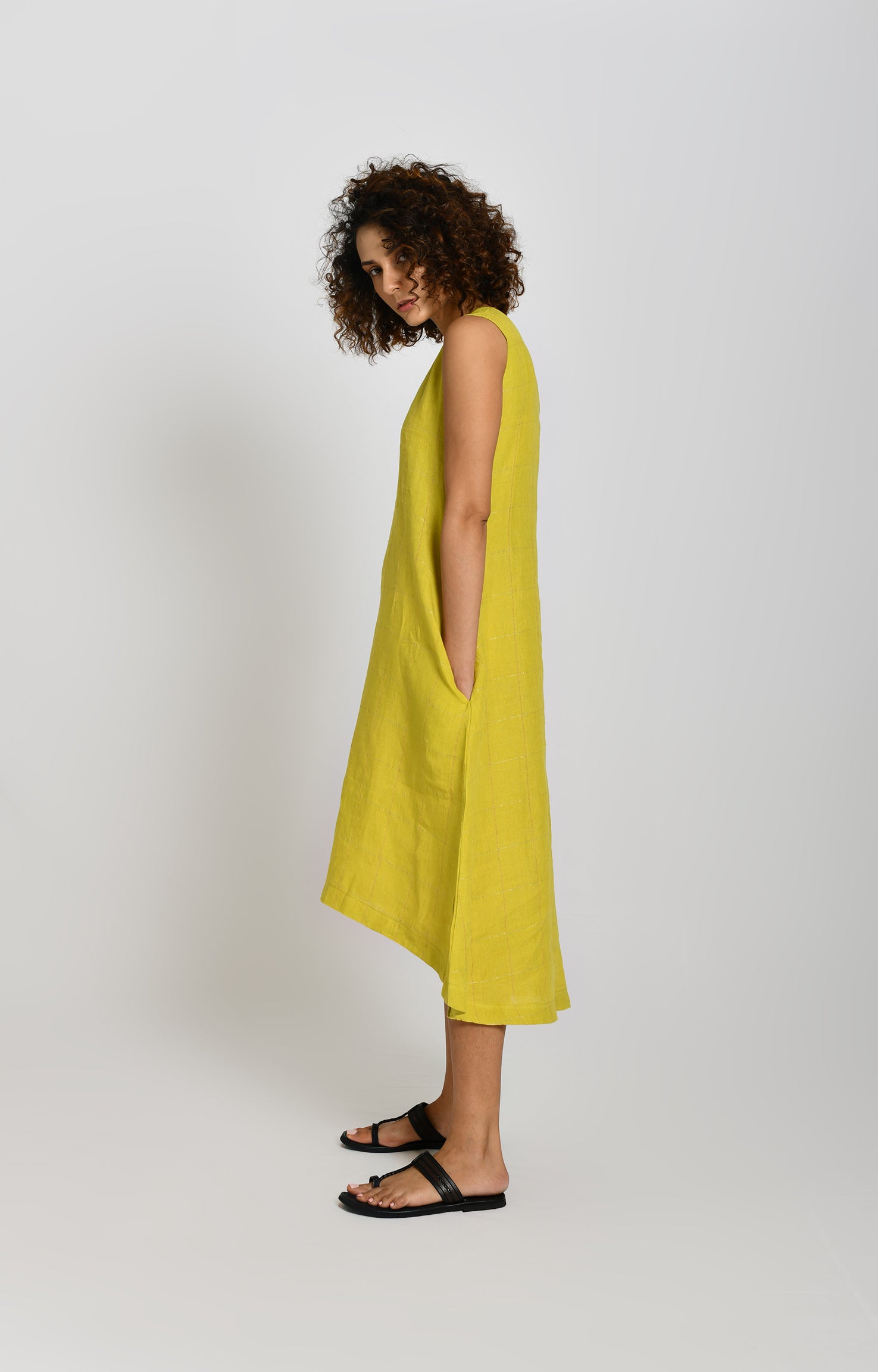 Olive linen high-low A-line dress