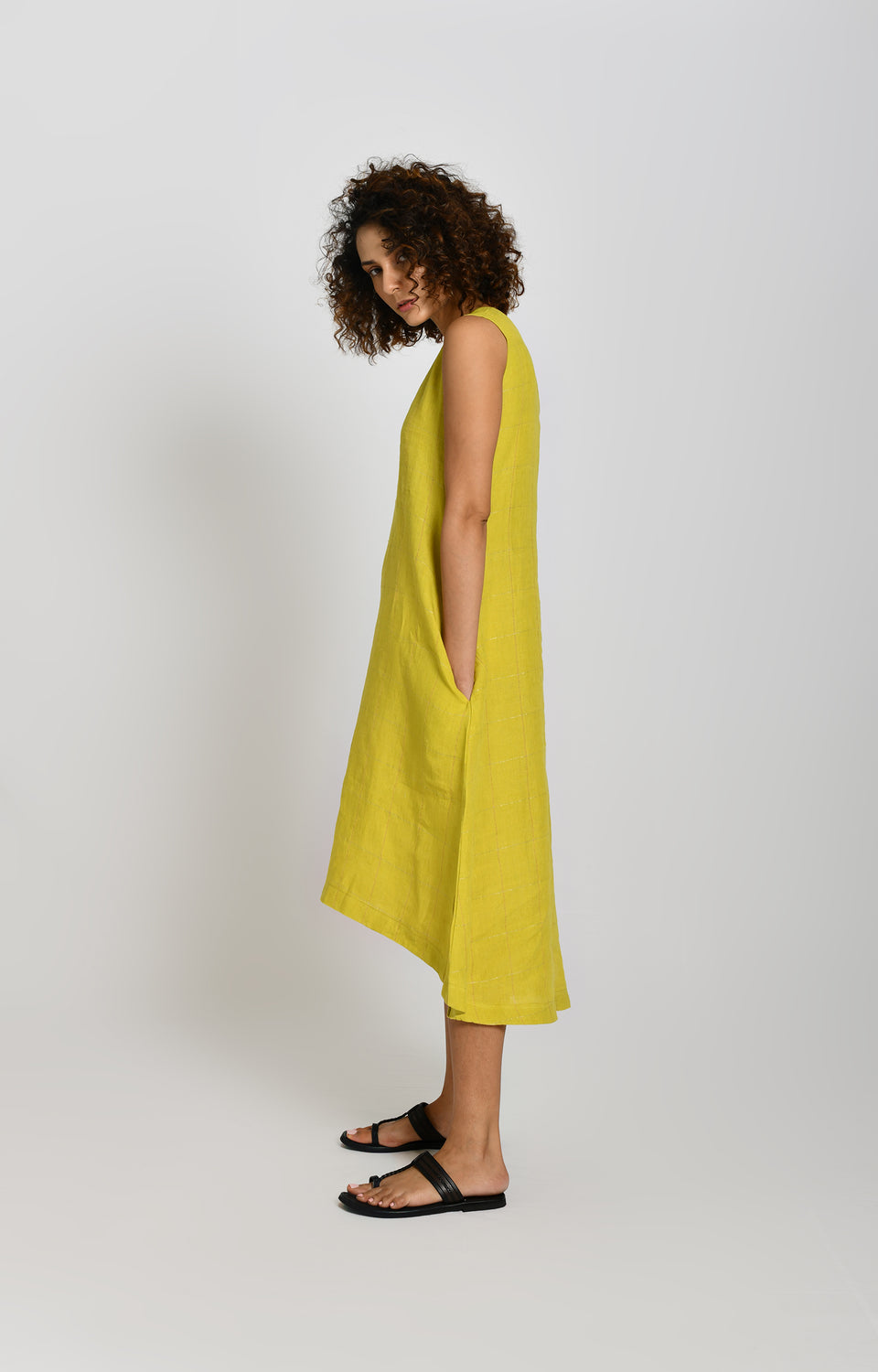 Olive linen high-low A-line dress