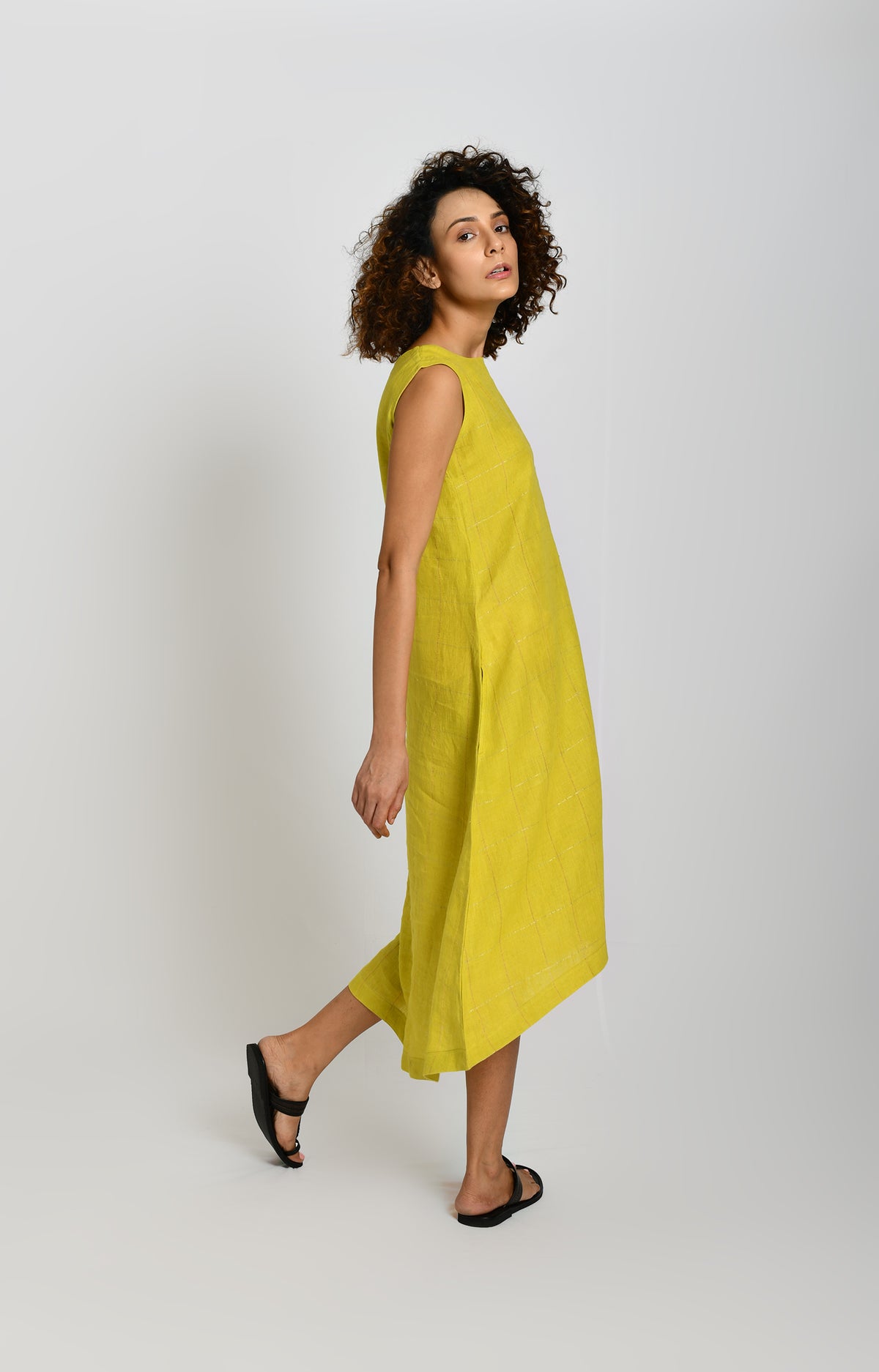 Olive linen high-low A-line dress