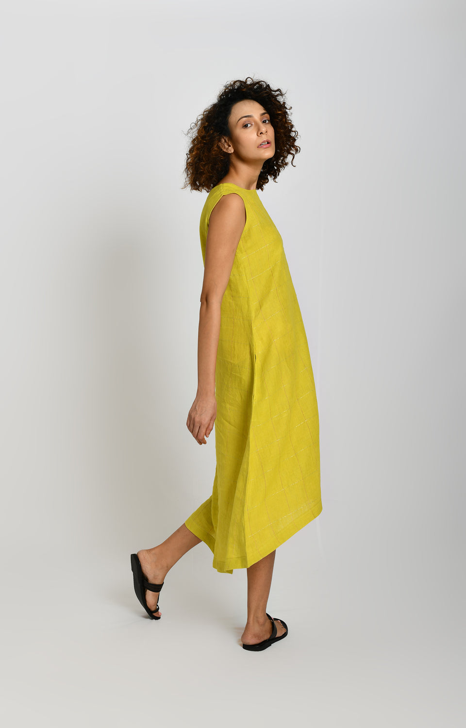 Olive linen high-low A-line dress