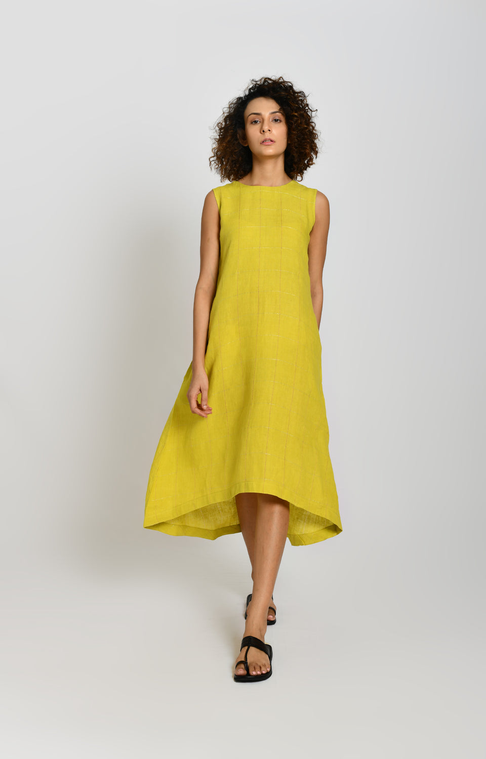Olive linen high-low A-line dress