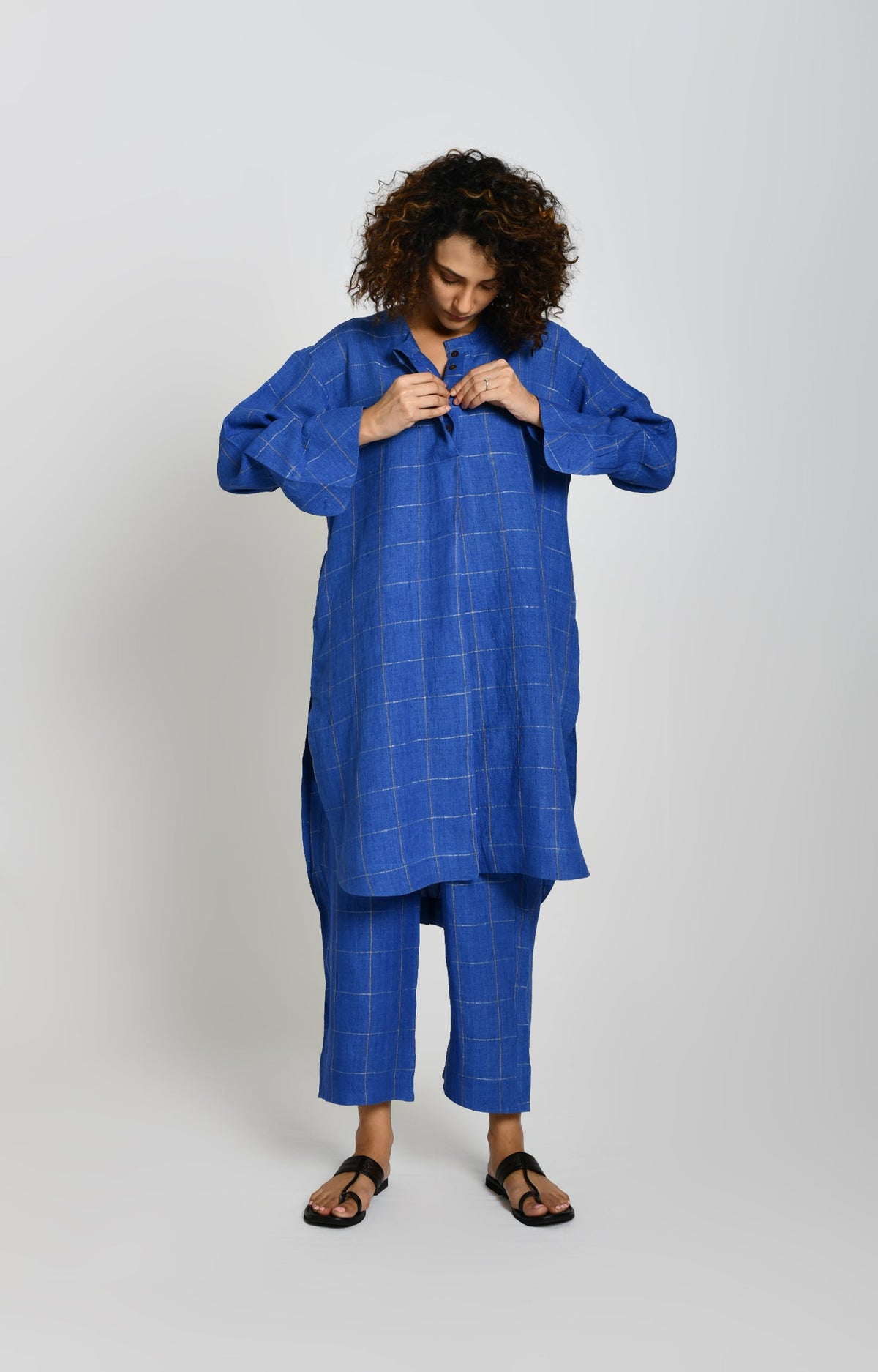 Cobalt blue linen zari check tunic - handwoven women's kurta