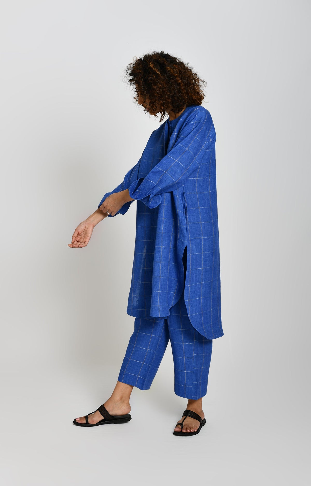 Cobalt blue linen zari check tunic - handwoven women's kurta