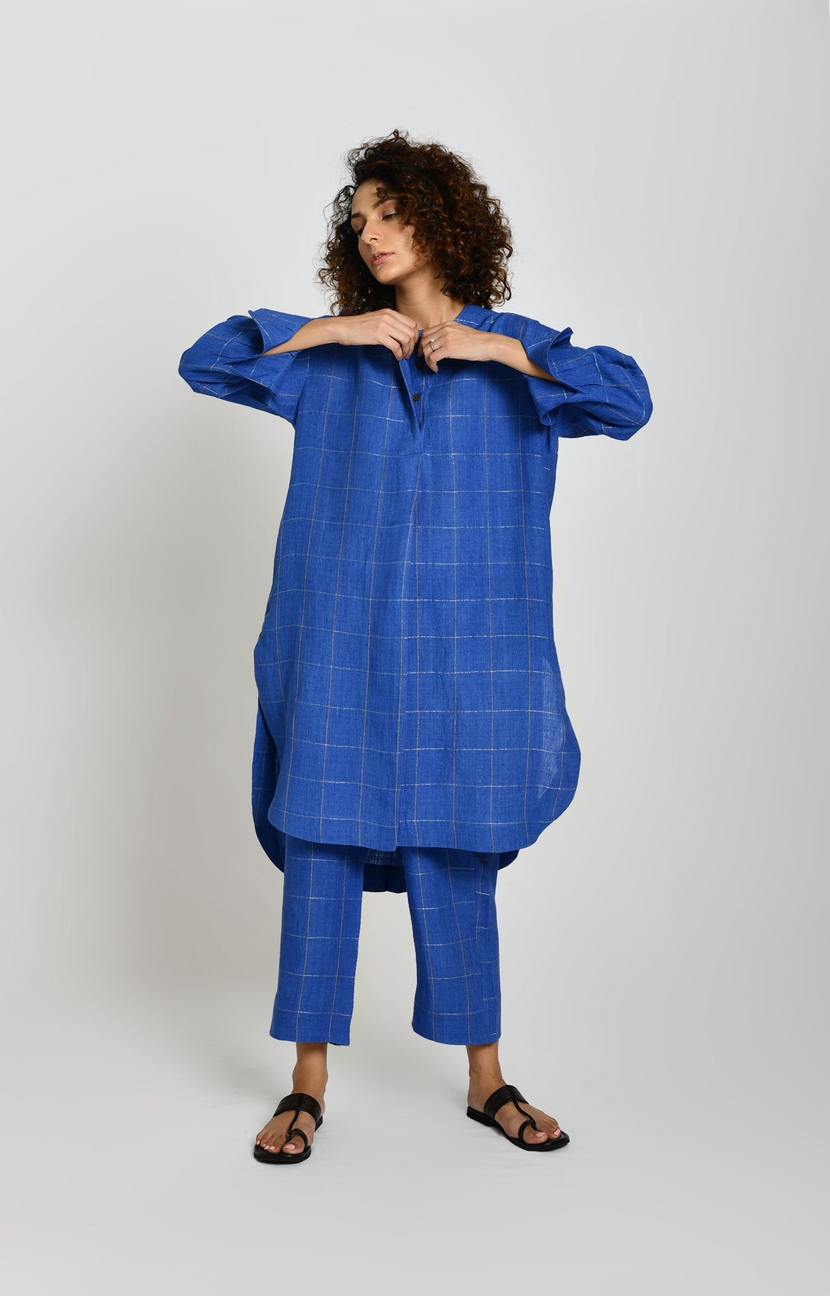 Cobalt blue linen zari check tunic - handwoven women's kurta