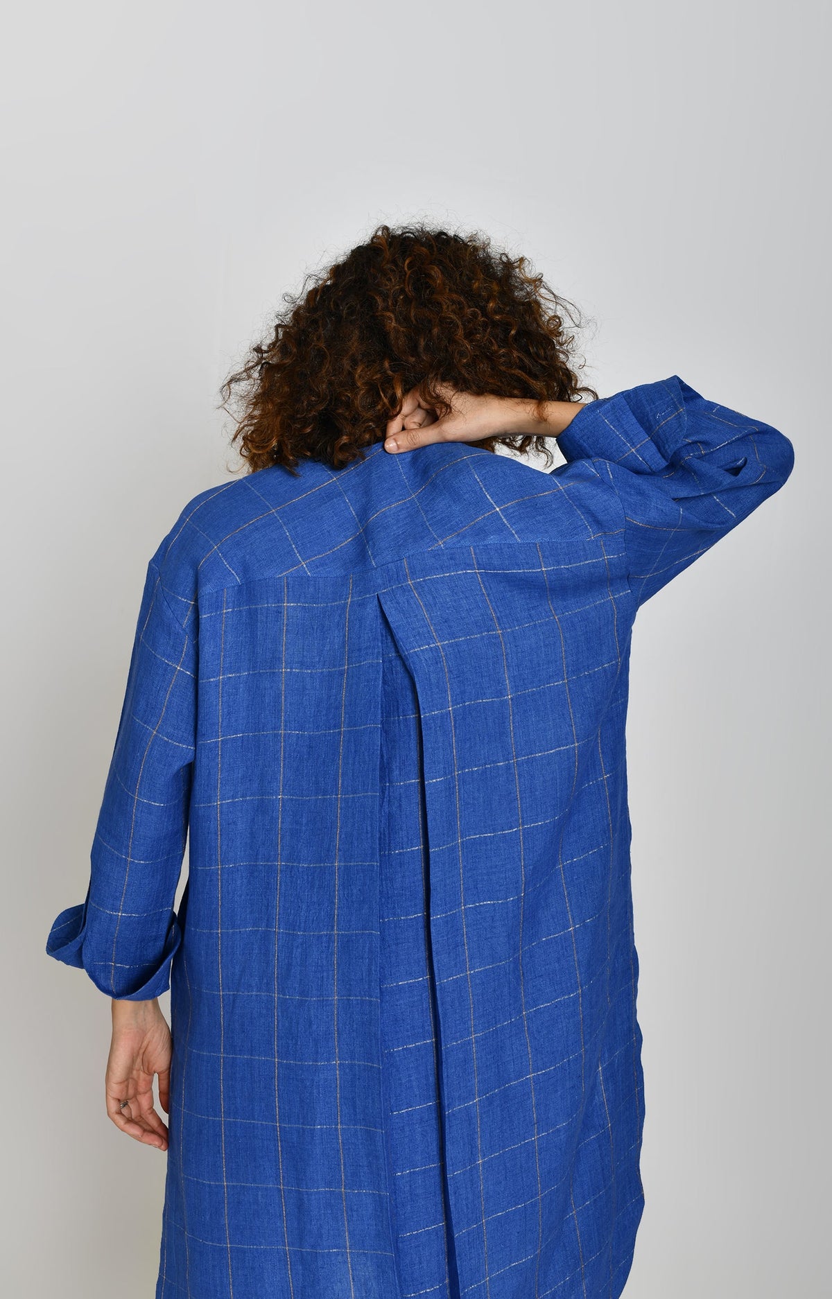 Cobalt blue linen zari check tunic - handwoven women's kurta