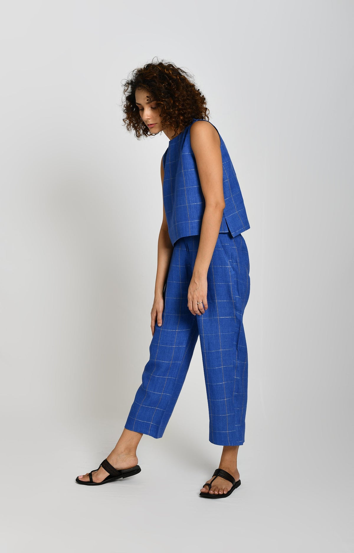 Linen Zari Checks Pant- Cobalt Blue