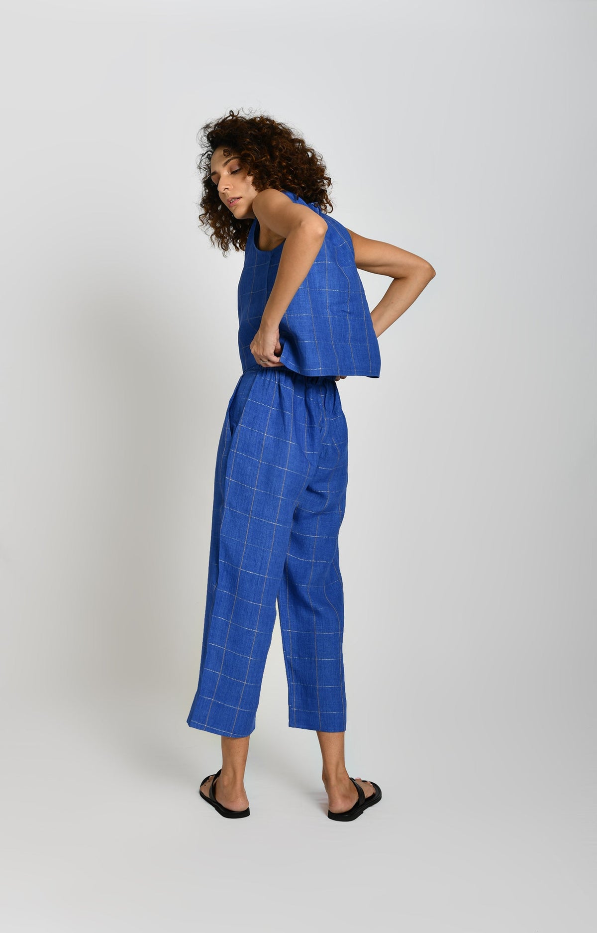 Linen Zari Checks Pant- Cobalt Blue