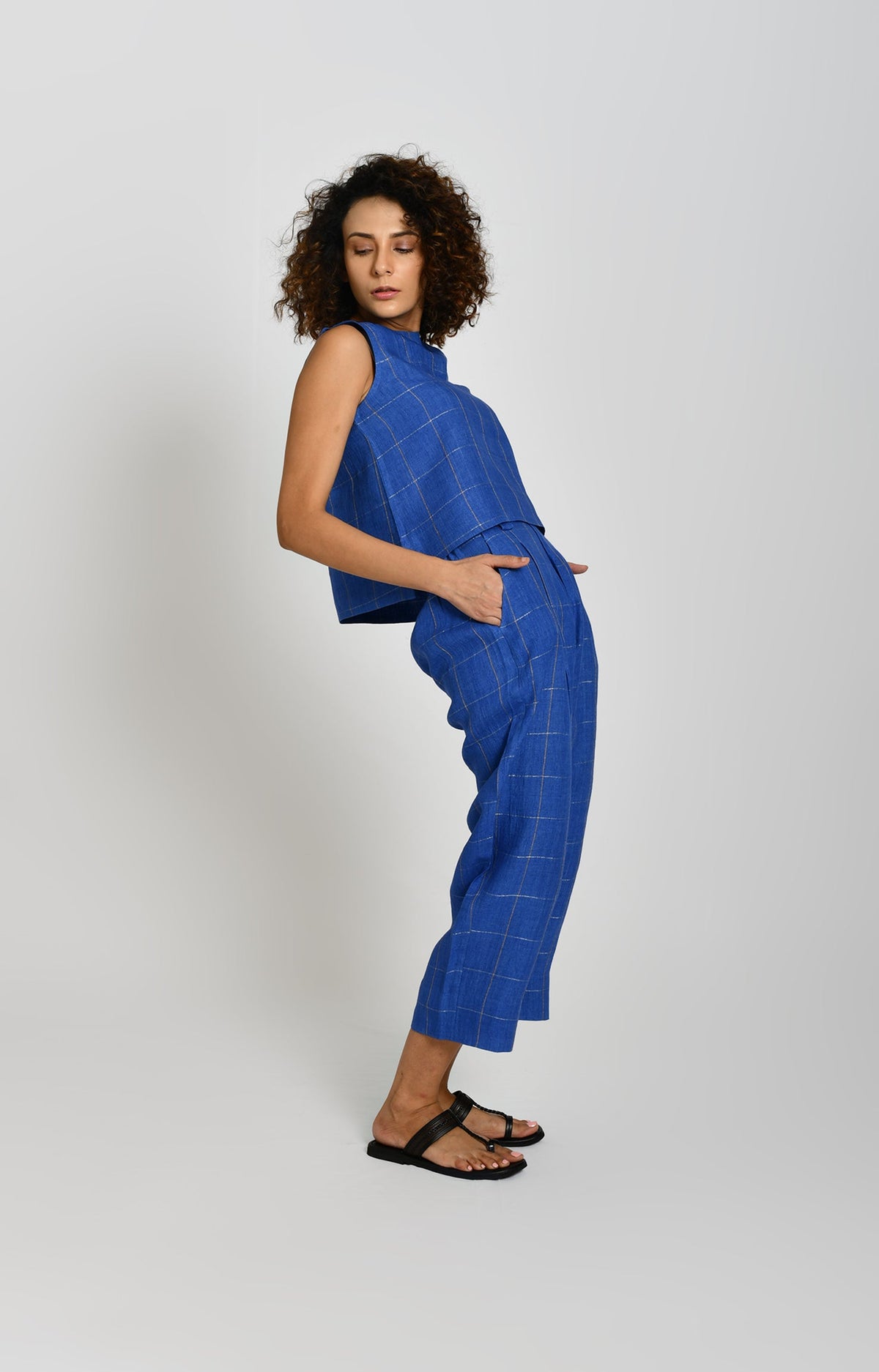 Linen Zari Checks Pant- Cobalt Blue