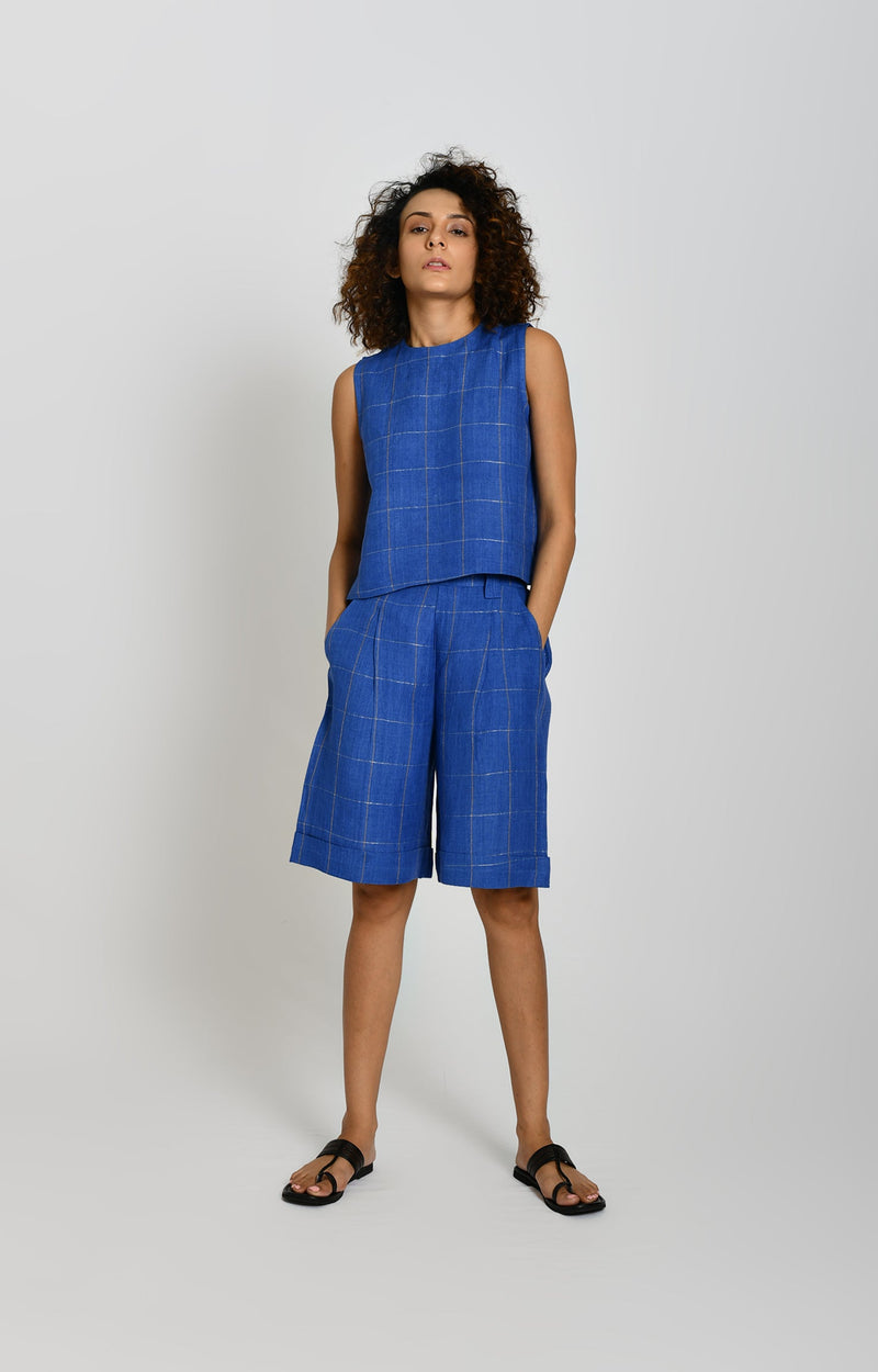 Cobalt blue linen crop top with zari check pattern