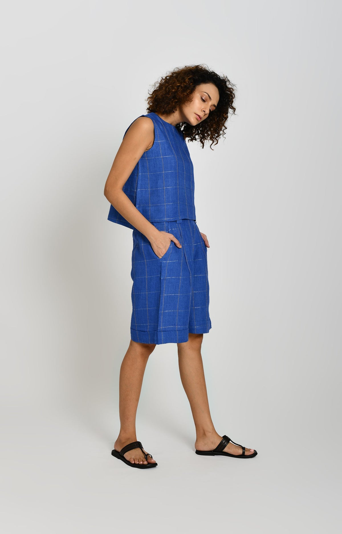 Cobalt blue linen crop top with zari check pattern