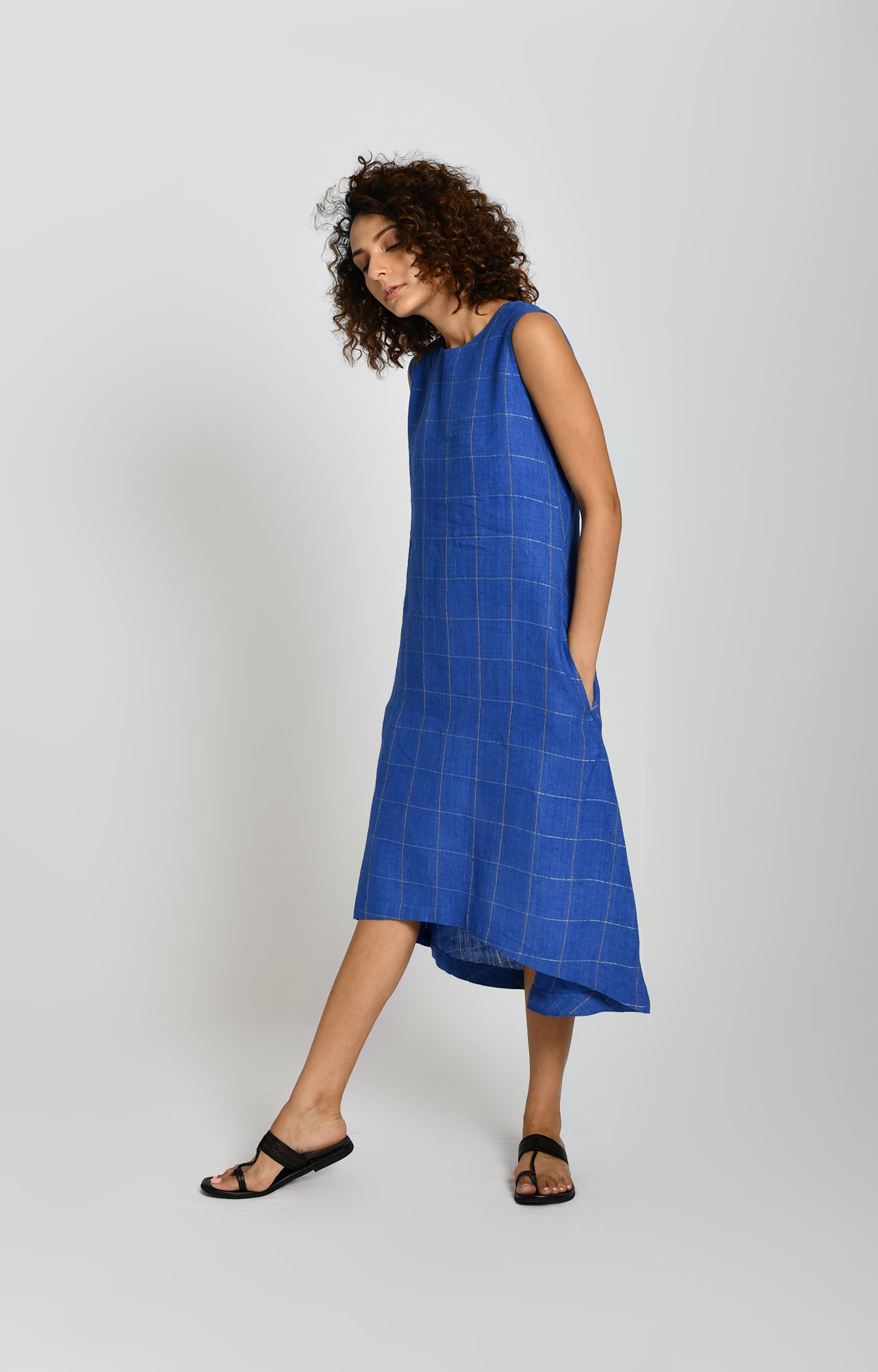 Cobalt blue linen A-line dress