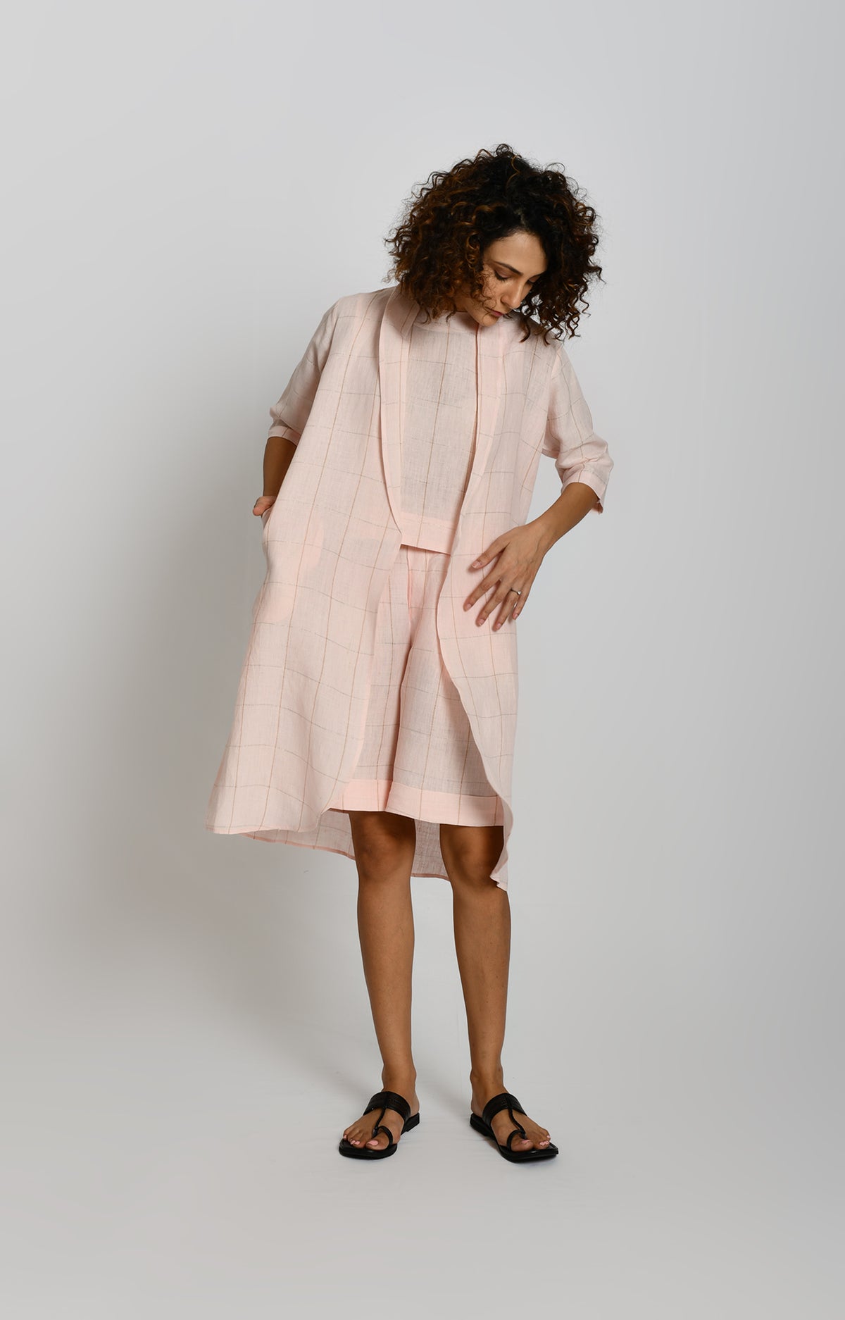Baby pink linen bermuda co-ord set with jacket