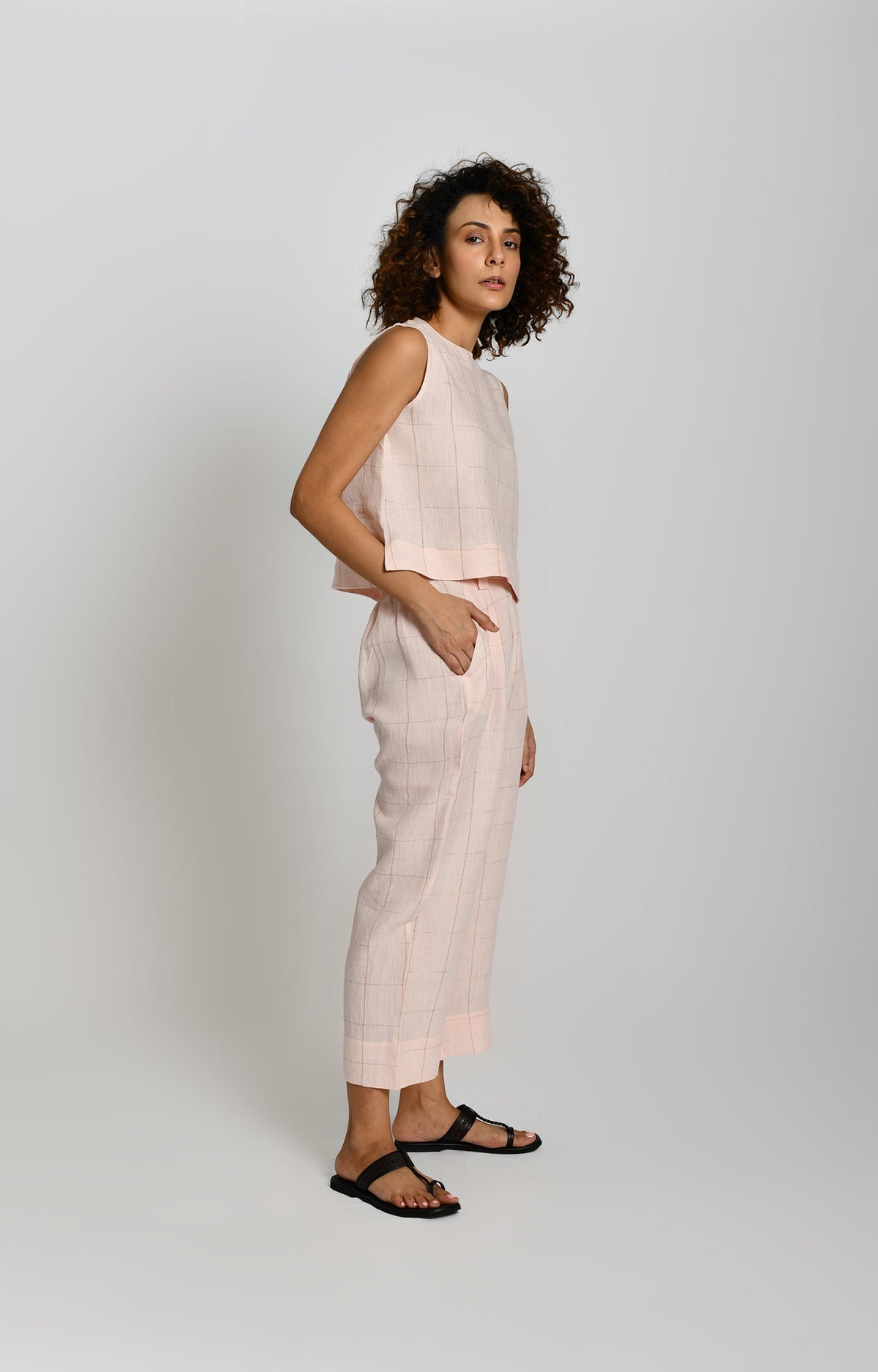 Linen Zari Checks Crop Top- Pink