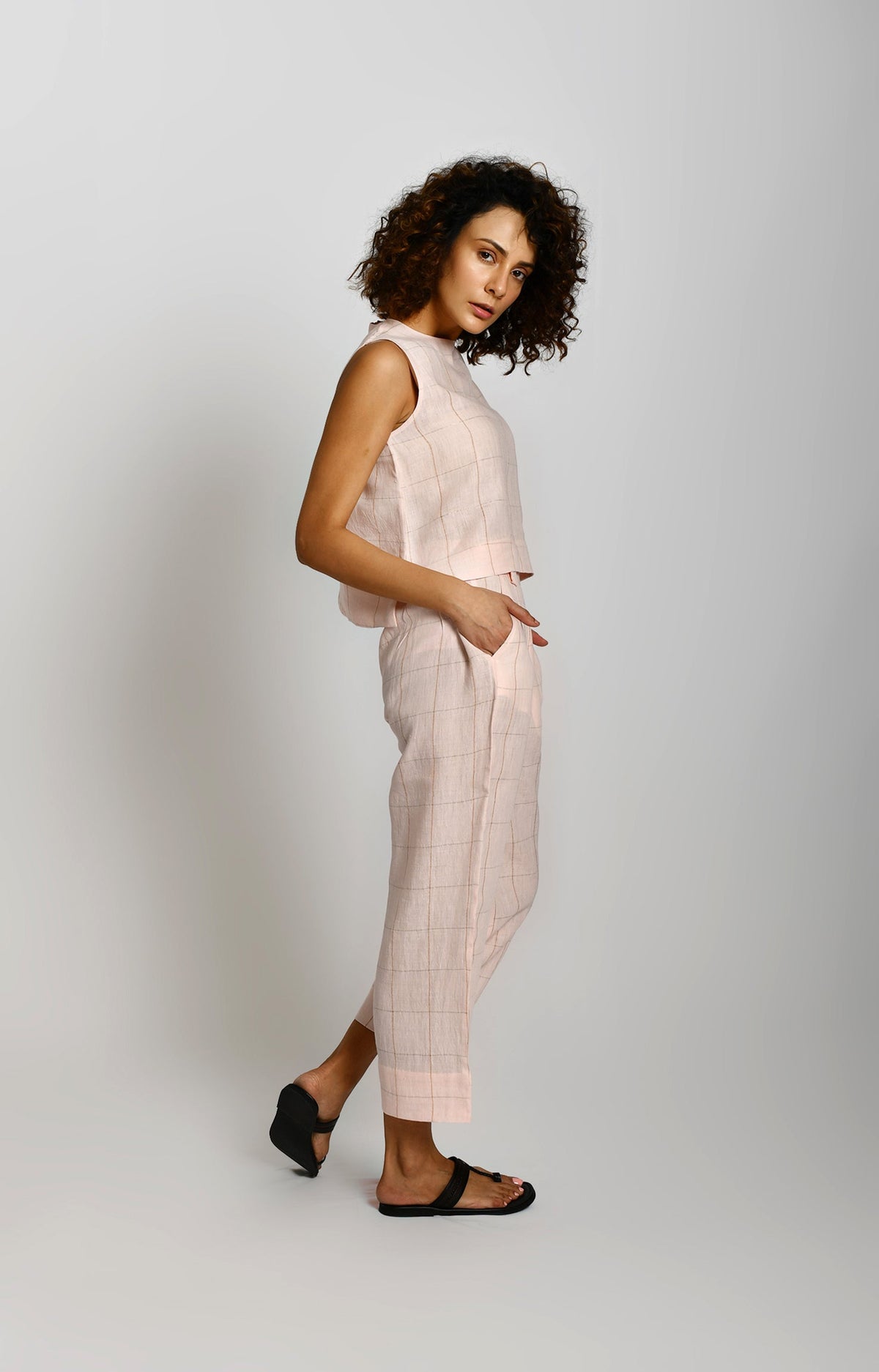 Linen Zari Checks Pant- Pink