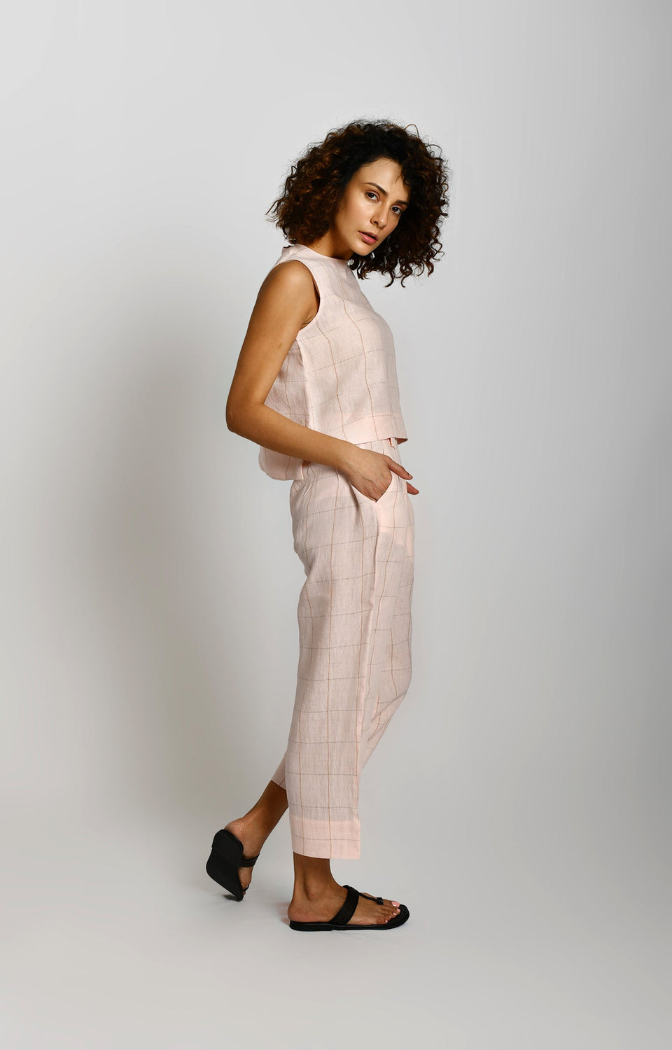 Linen Zari Checks Pant- Pink