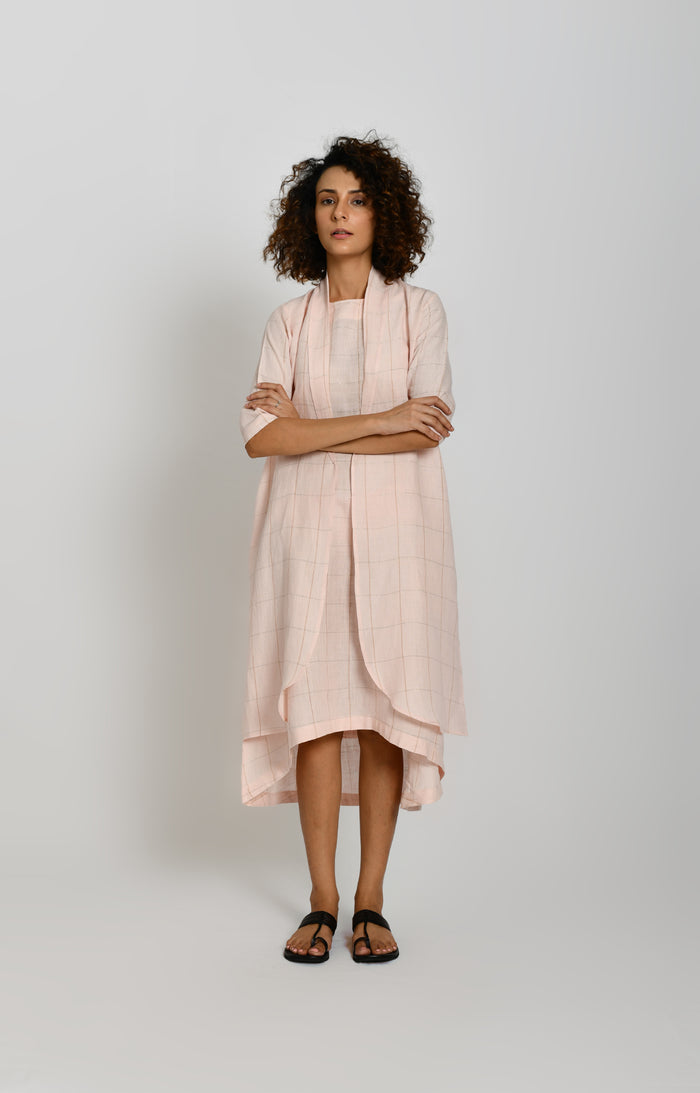 Pink linen A-line dress with matching jacket