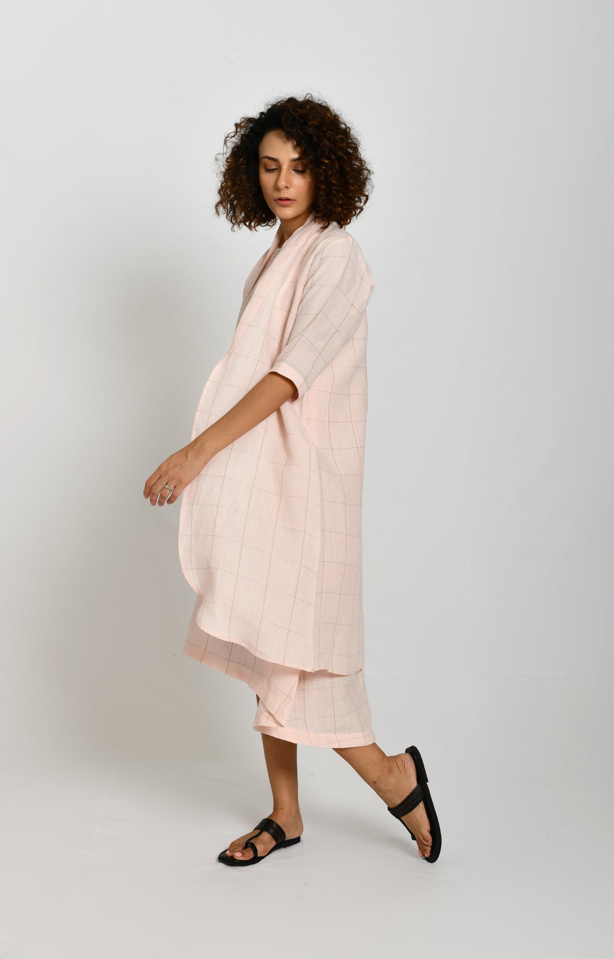 Pink linen A-line dress with matching jacket