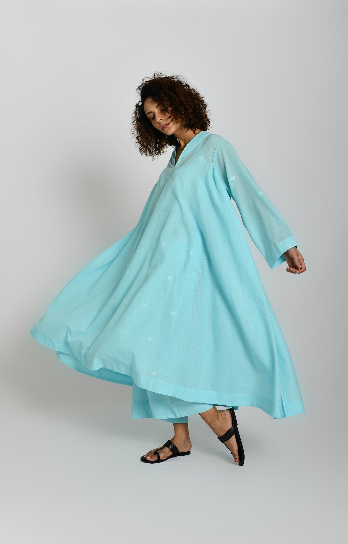 Jamdani Side-gather Kurta- Light Blue