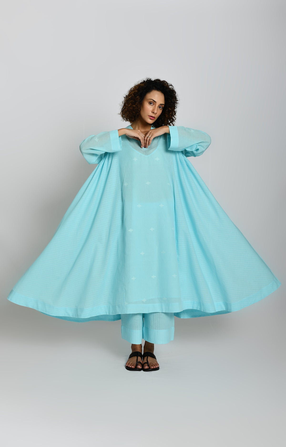 Jamdani Side-gather Co-ord Set- Light Blue