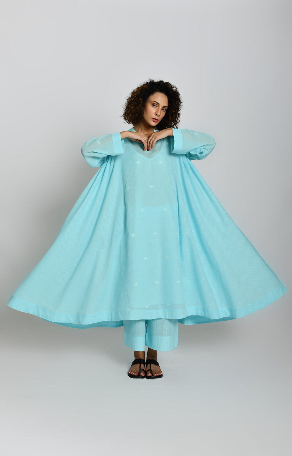 Jamdani Side-gather Co-ord Set- Light Blue