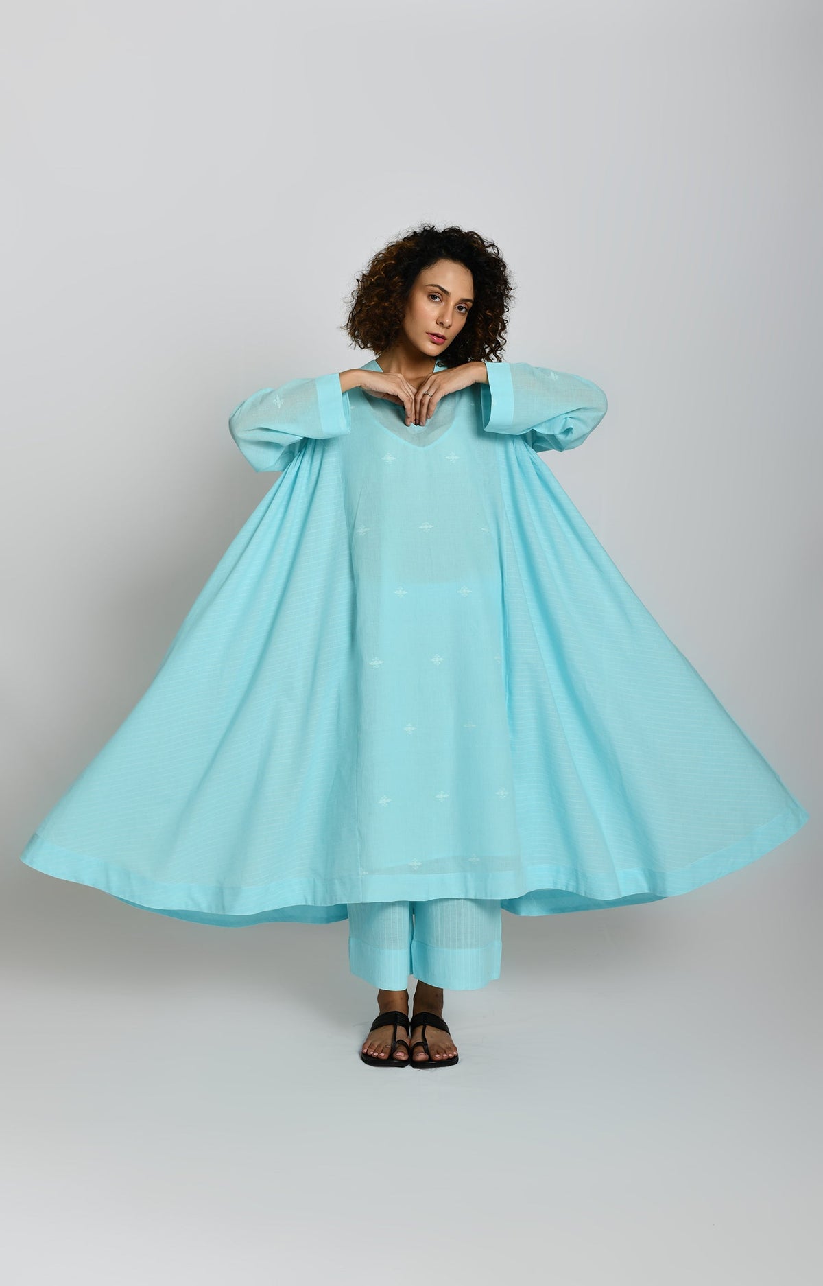 Jamdani Side-gather Kurta- Light Blue