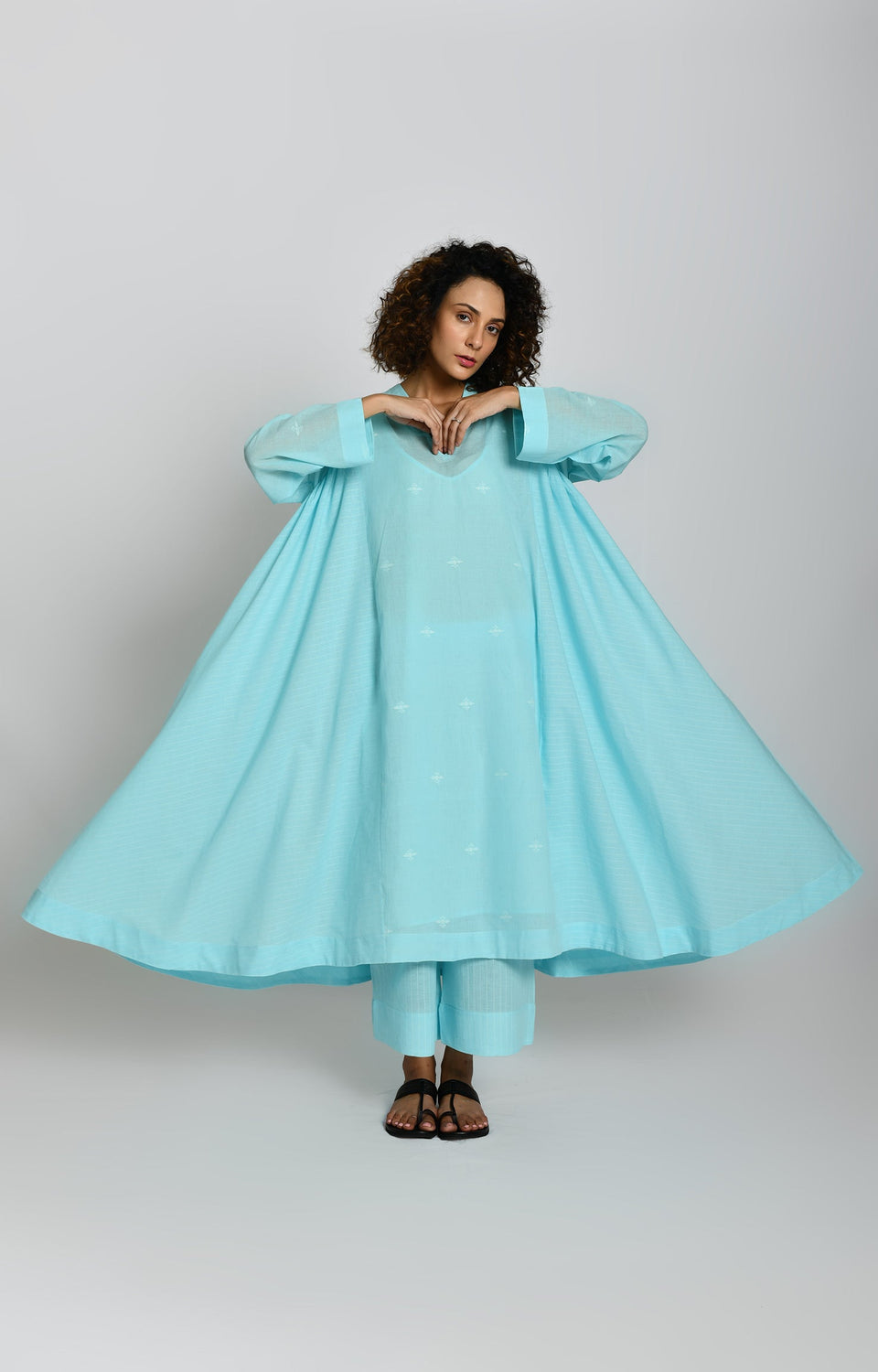 Jamdani Side-gather Kurta- Light Blue
