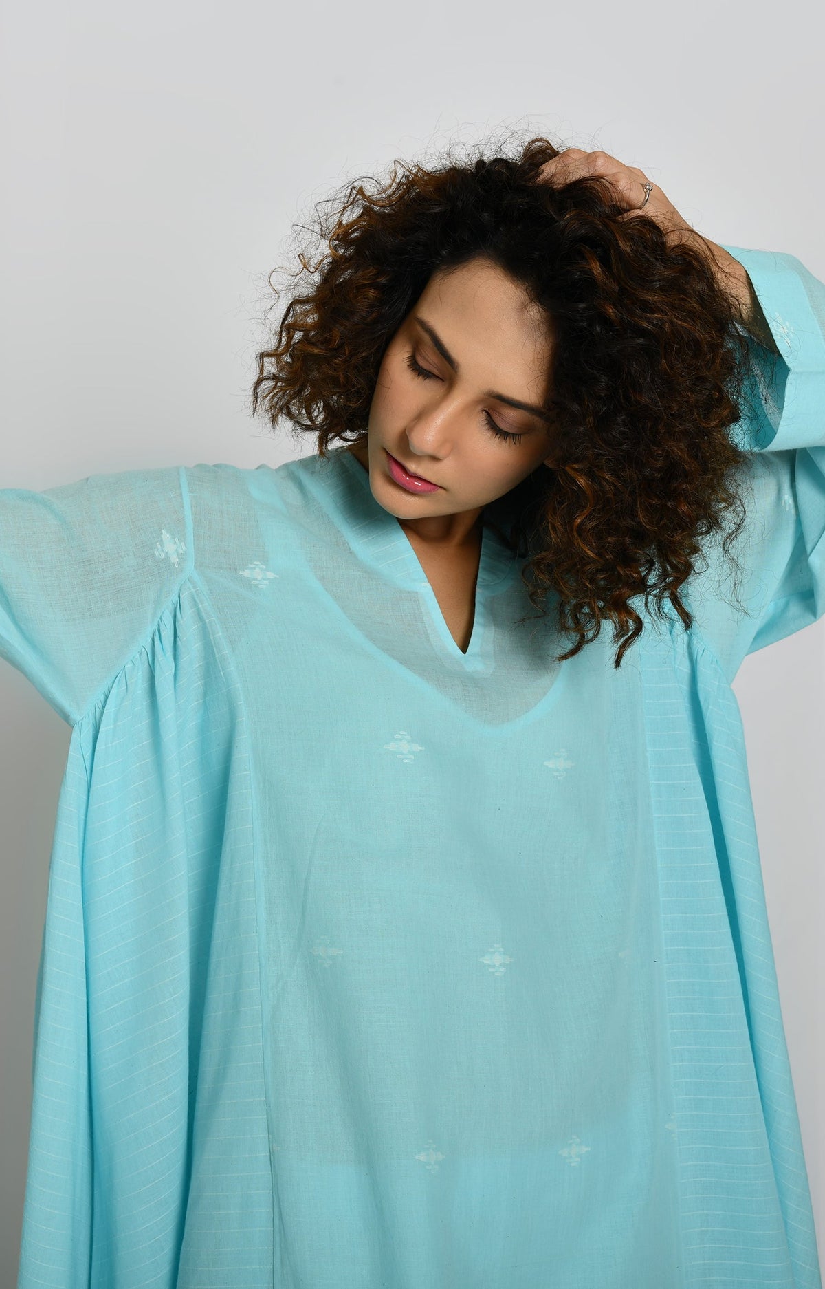 Jamdani Side-gather Kurta- Light Blue