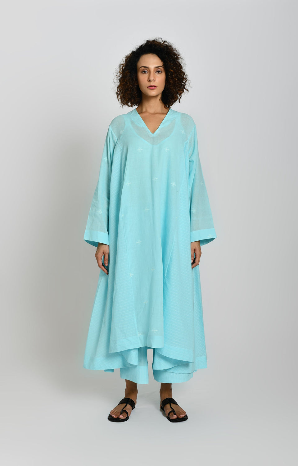 Jamdani Side-gather Kurta- Light Blue