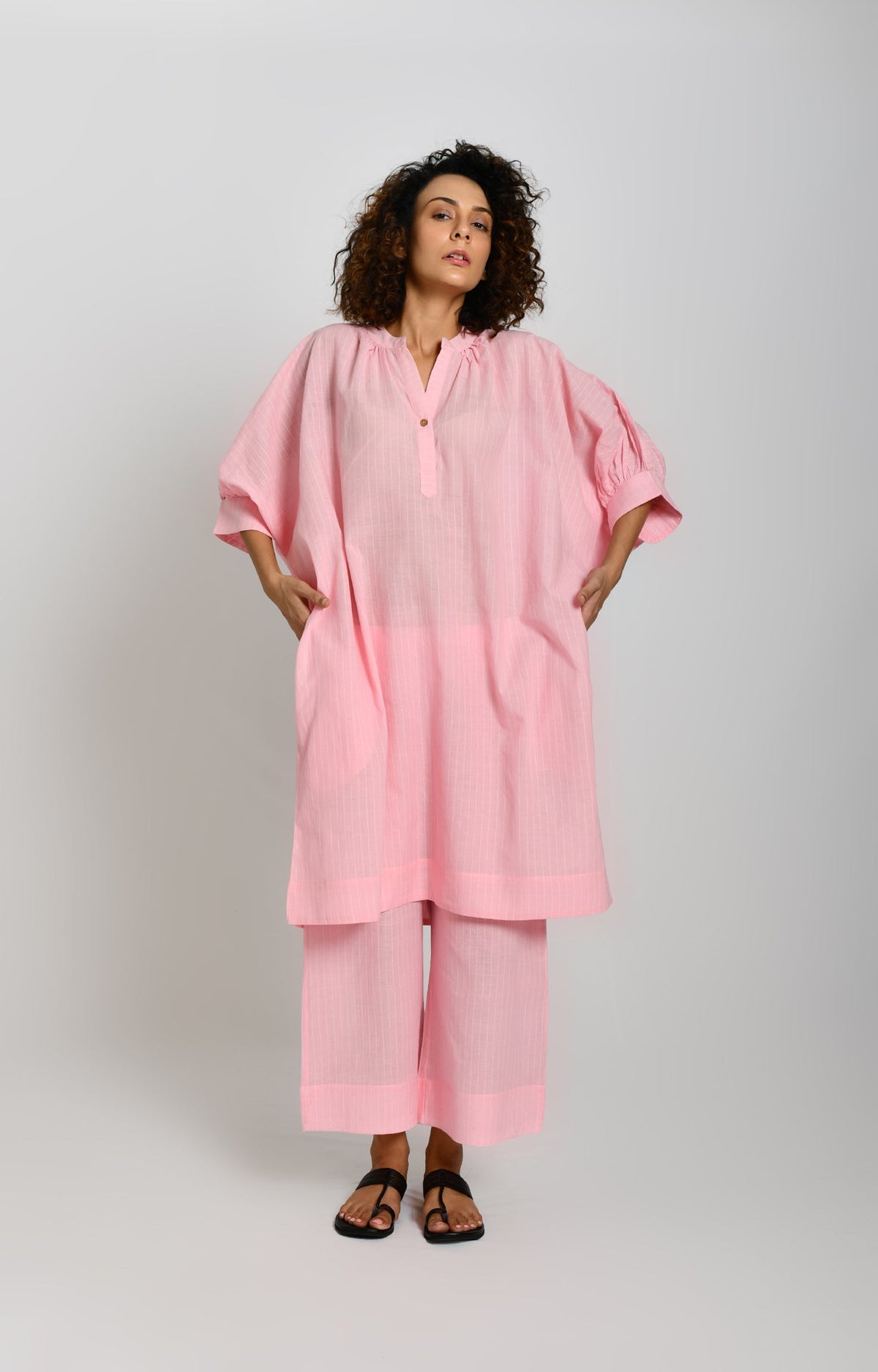 Pink striped kaftan in tunic style for women - Hiranya