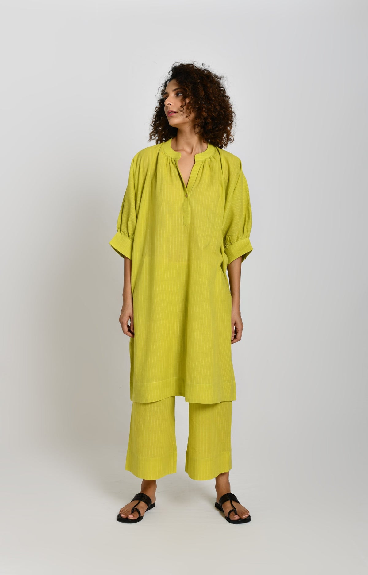 Olive striped kaftan in tunic style for women - Hiranya