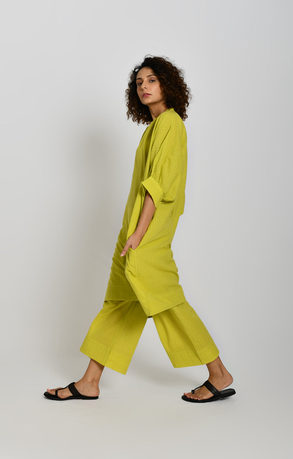Olive striped kaftan in tunic style for women - Hiranya