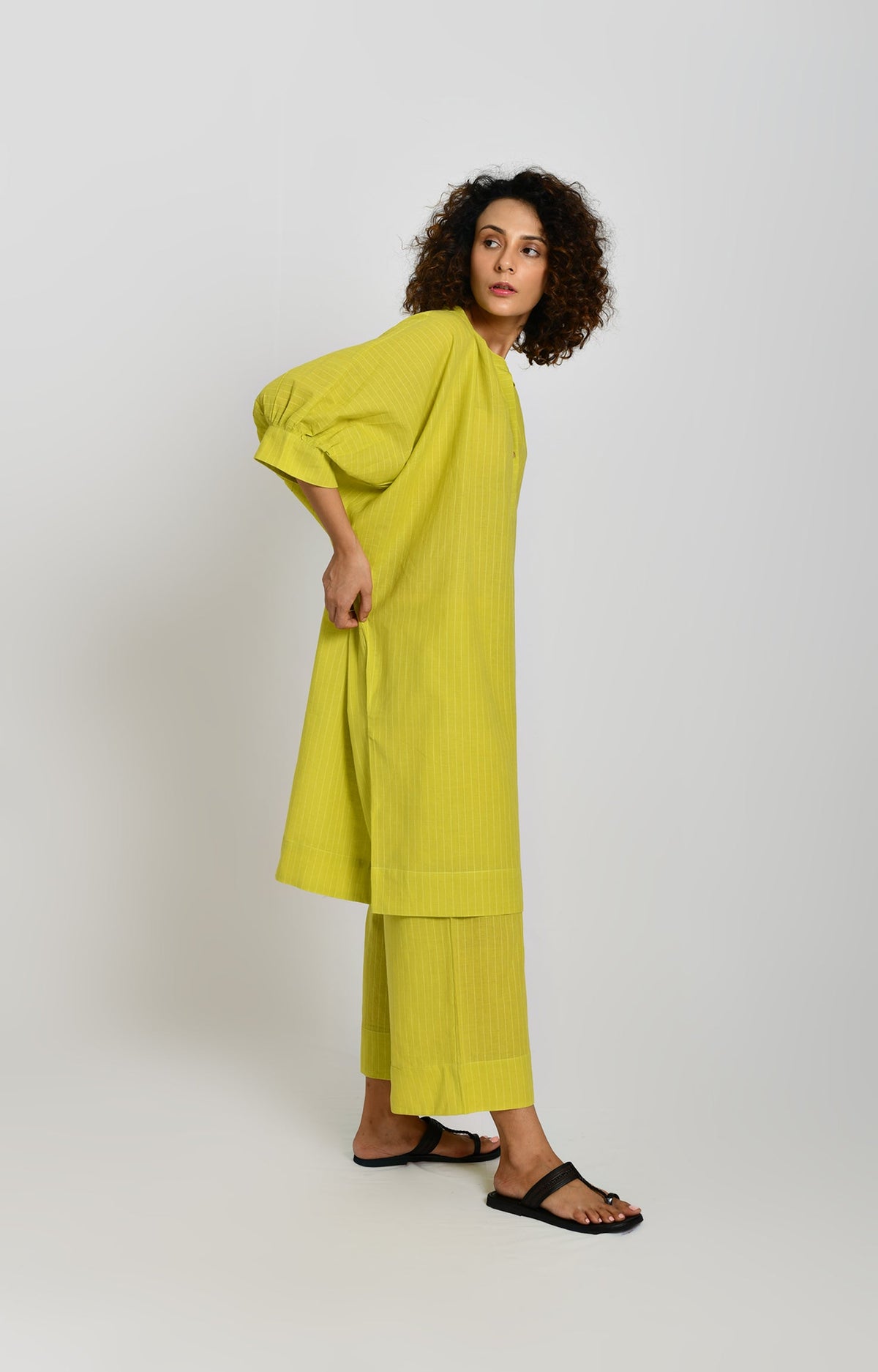 Olive striped kaftan in tunic style for women - Hiranya