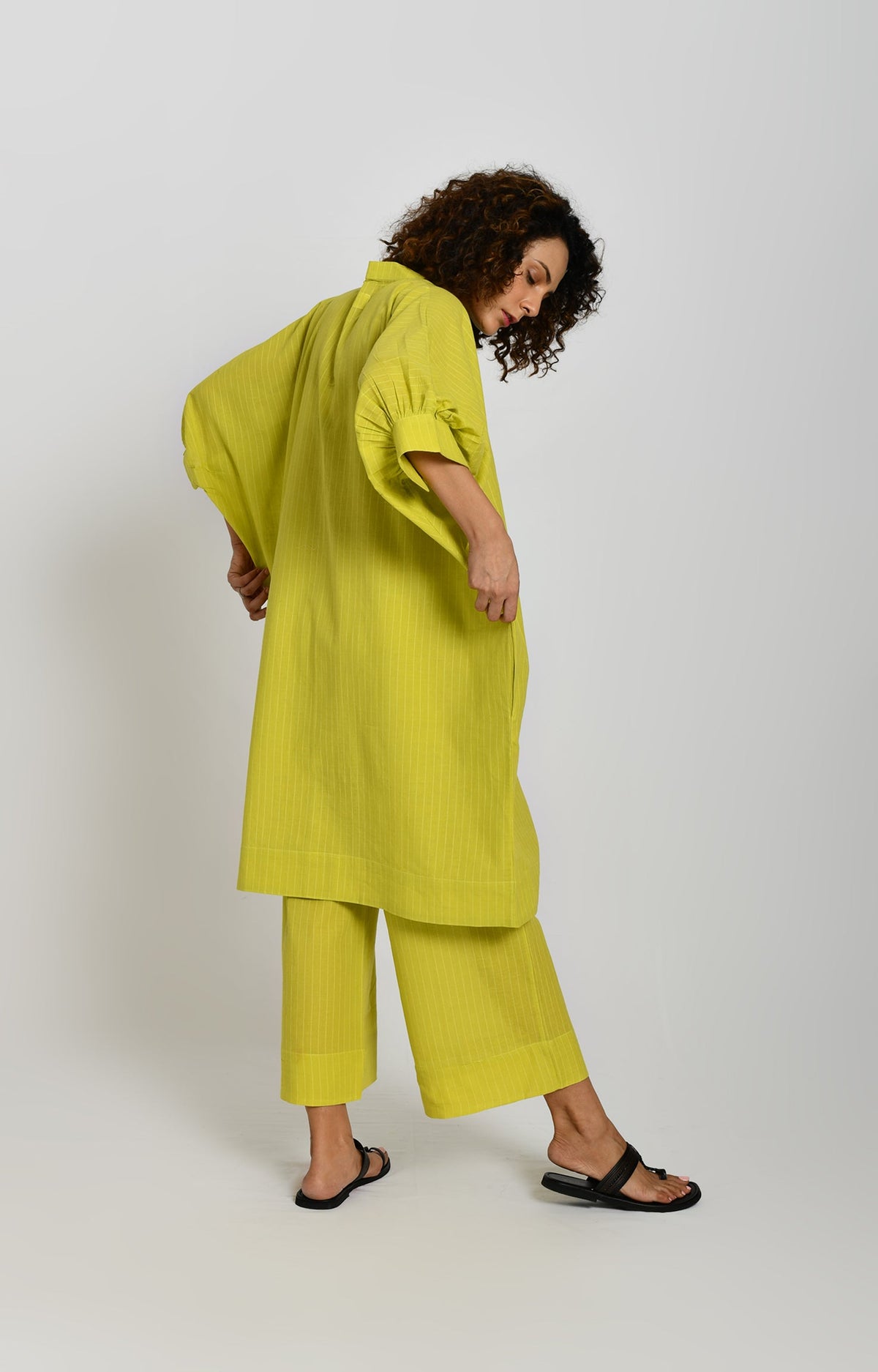 Olive striped kaftan in tunic style for women - Hiranya