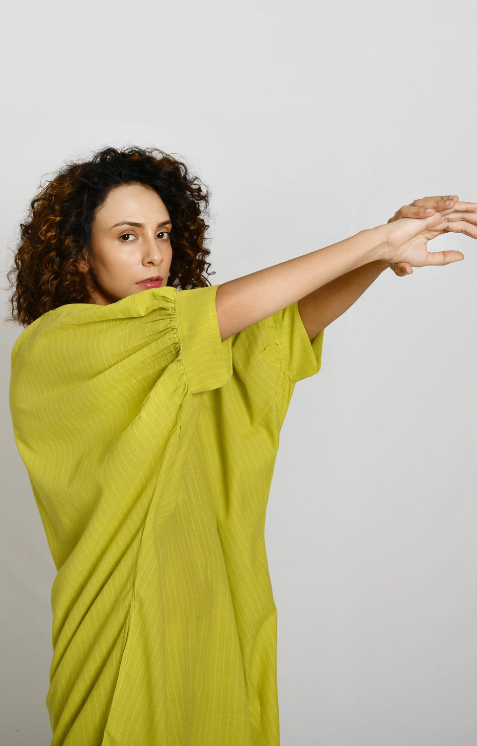 Olive striped kaftan in tunic style for women - Hiranya