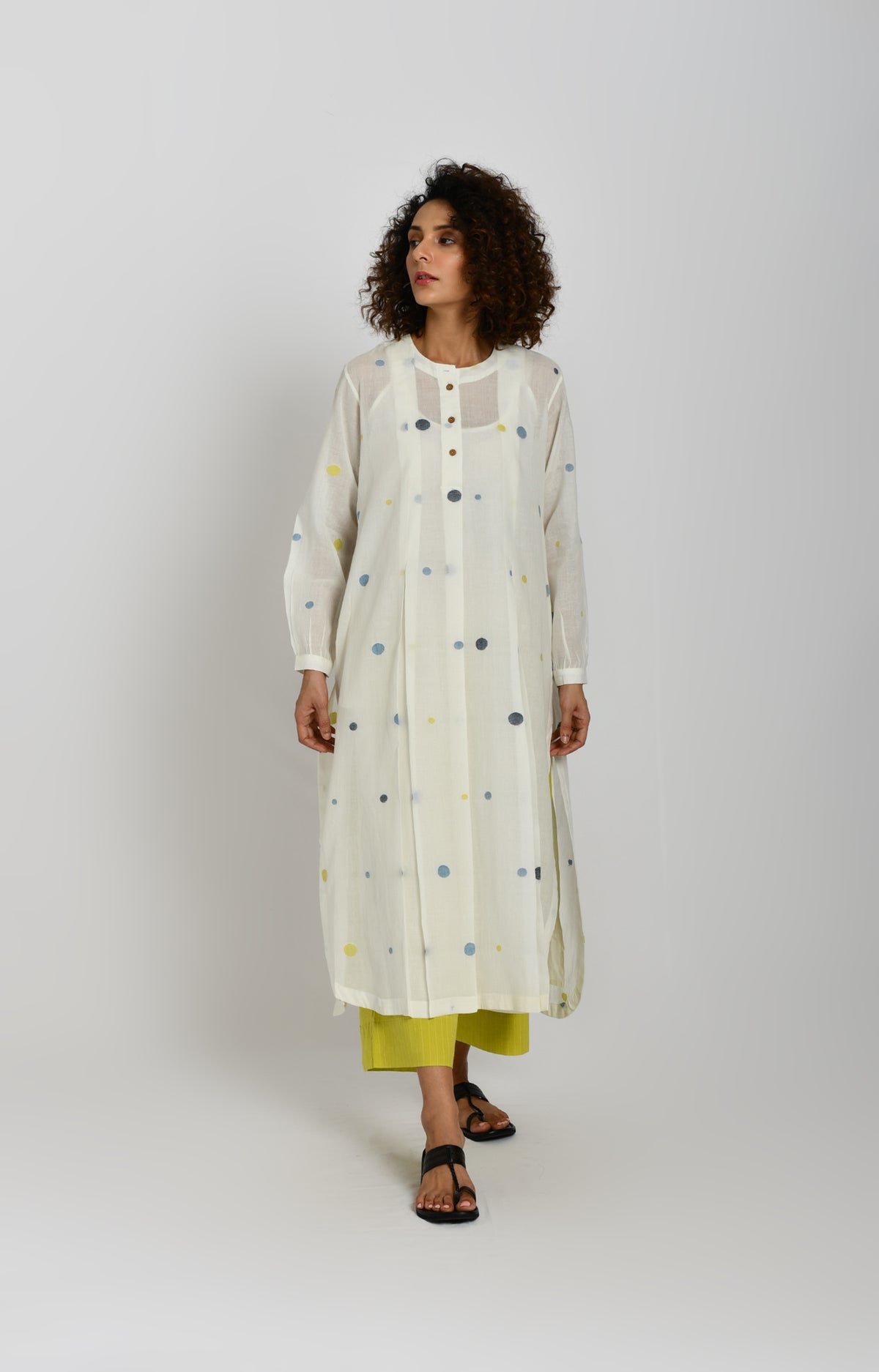 White and olive polka Jamdani handwoven tunic with pants co-ord set for women
