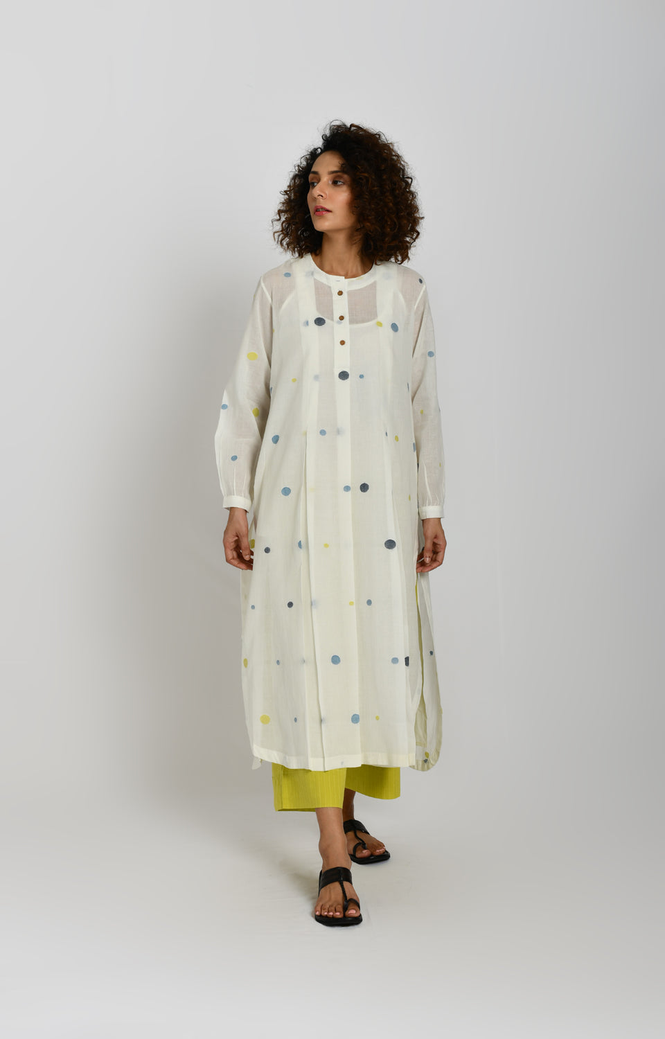 White and olive polka Jamdani handwoven tunic with pants co-ord set for women